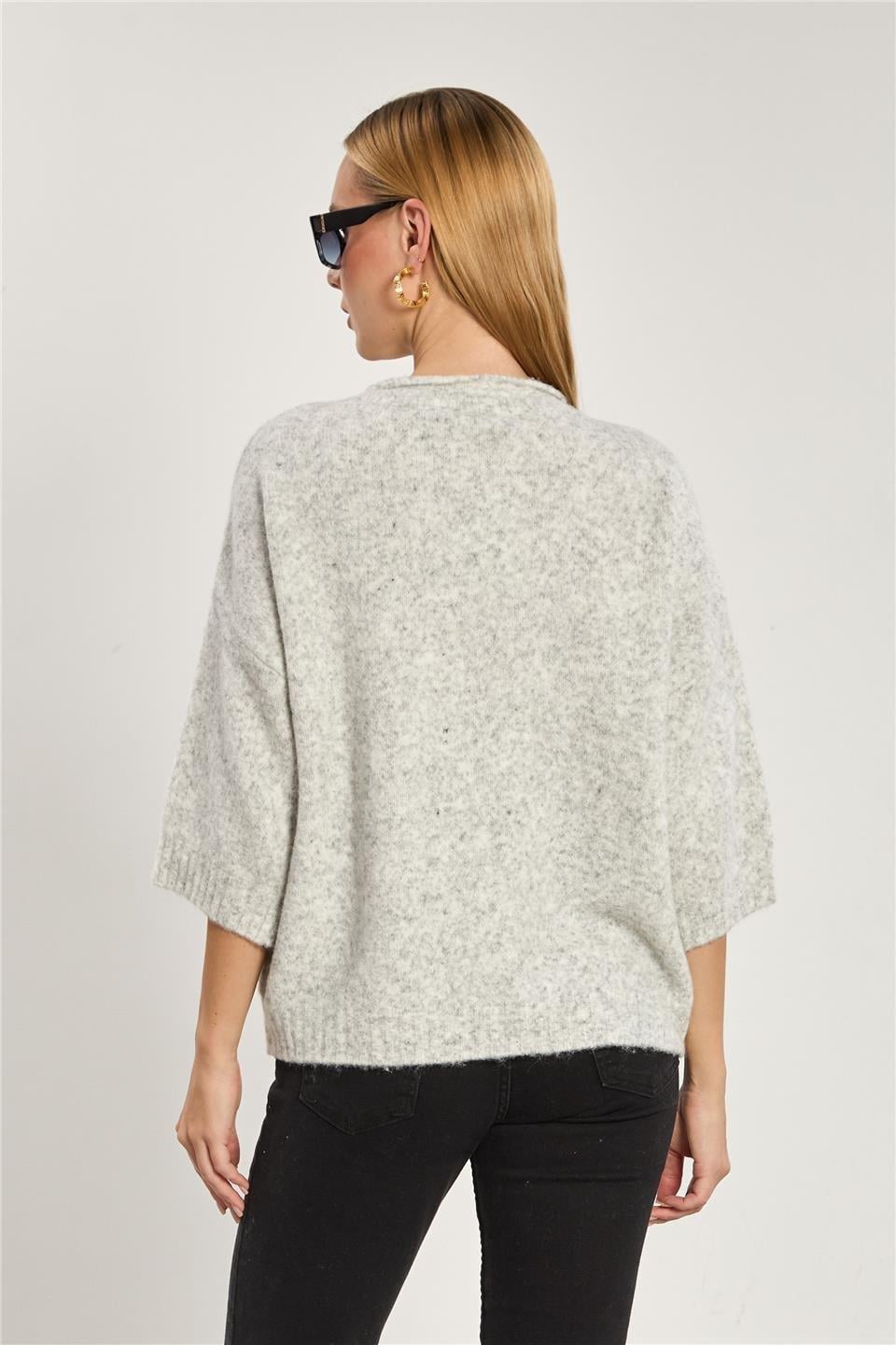 Yarım kol oversize triko kazak-K-166-1 - Açık Gri