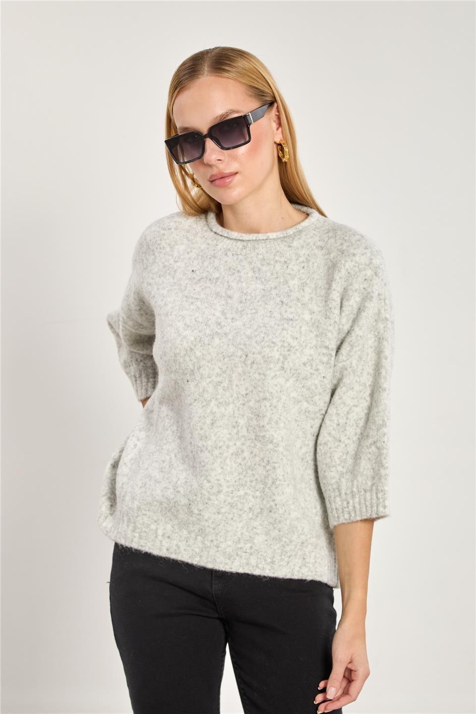 Yarım kol oversize triko kazak-K-166-1 - Açık Gri
