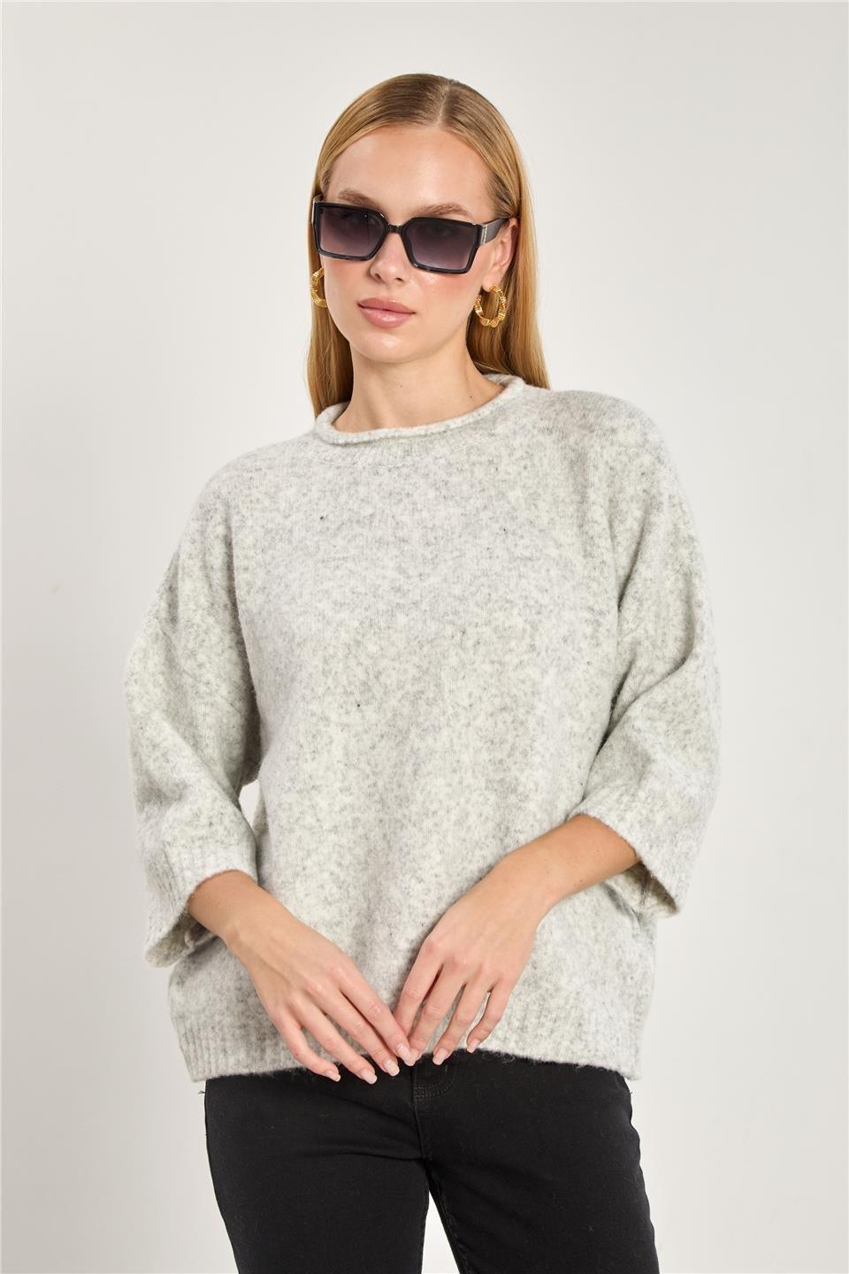 Yarım kol oversize triko kazak-K-166-1 - Açık Gri