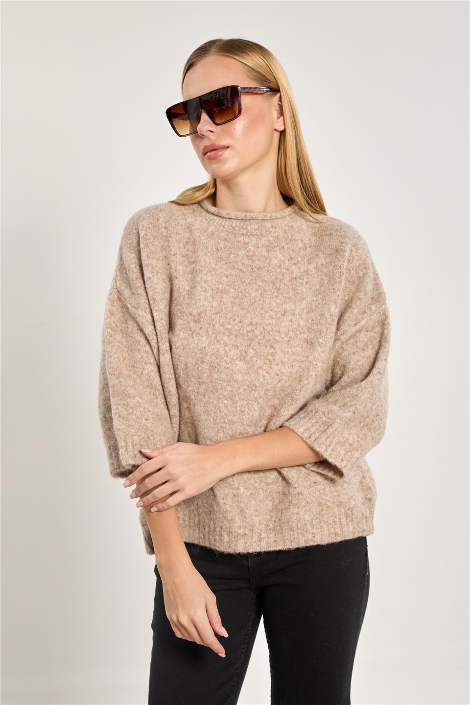 Yarım kol oversize triko kazak-K-166-1 - Vizon