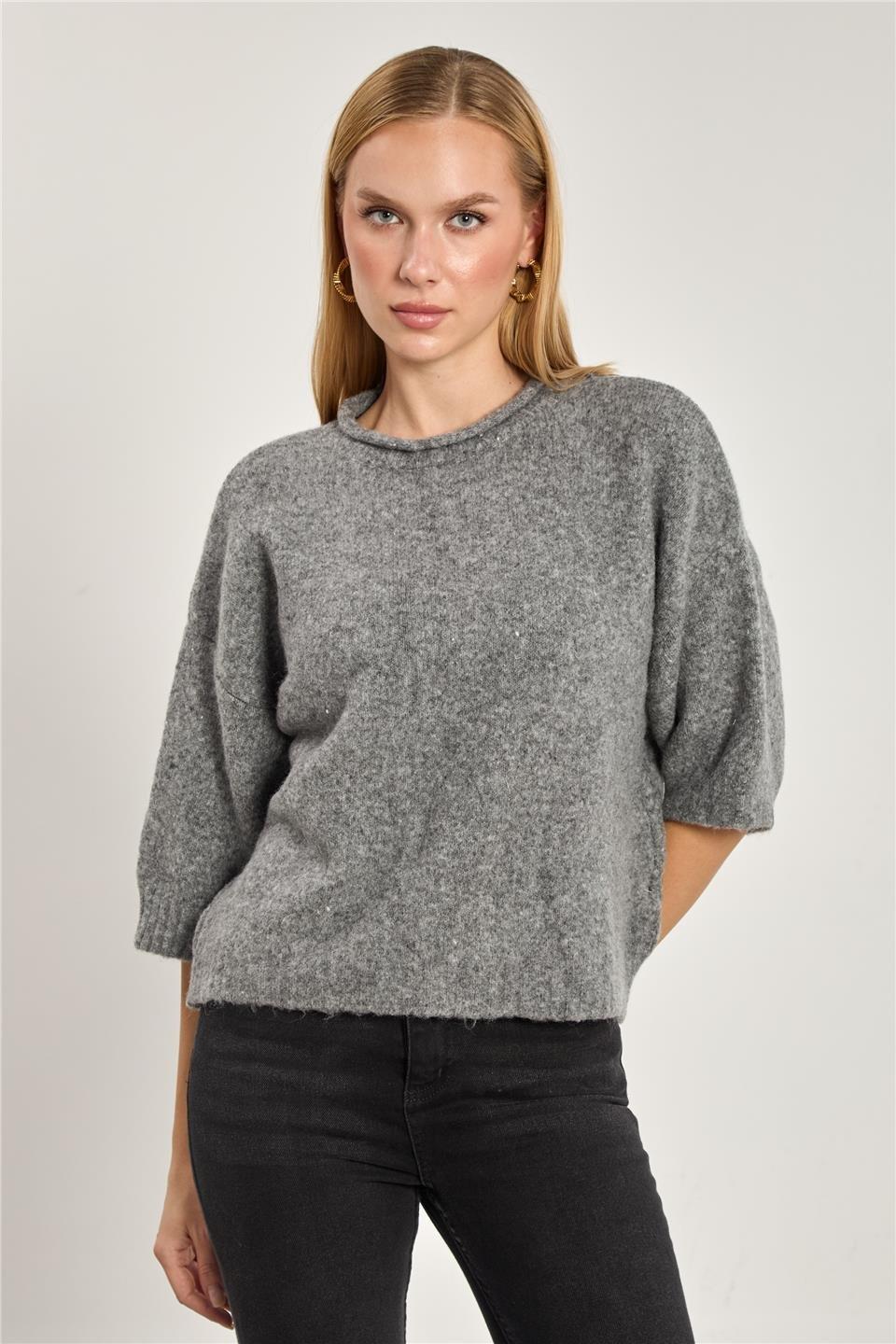 Yarım kol oversize triko kazak-K-166-1 - Koyu Gri