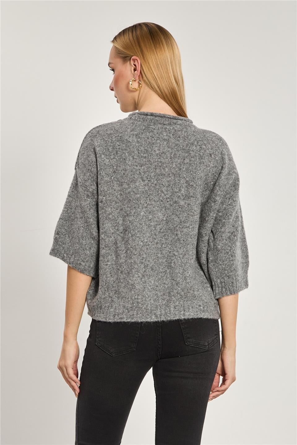 Yarım kol oversize triko kazak-K-166-1 - Koyu Gri