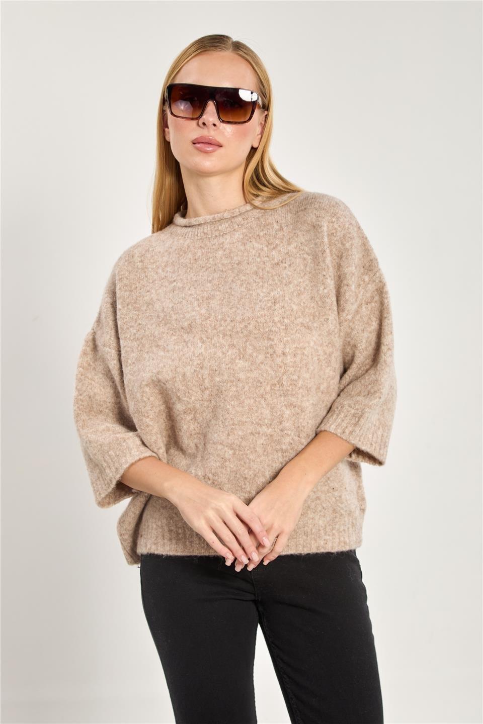 Yarım kol oversize triko kazak-K-166-1 - Vizon