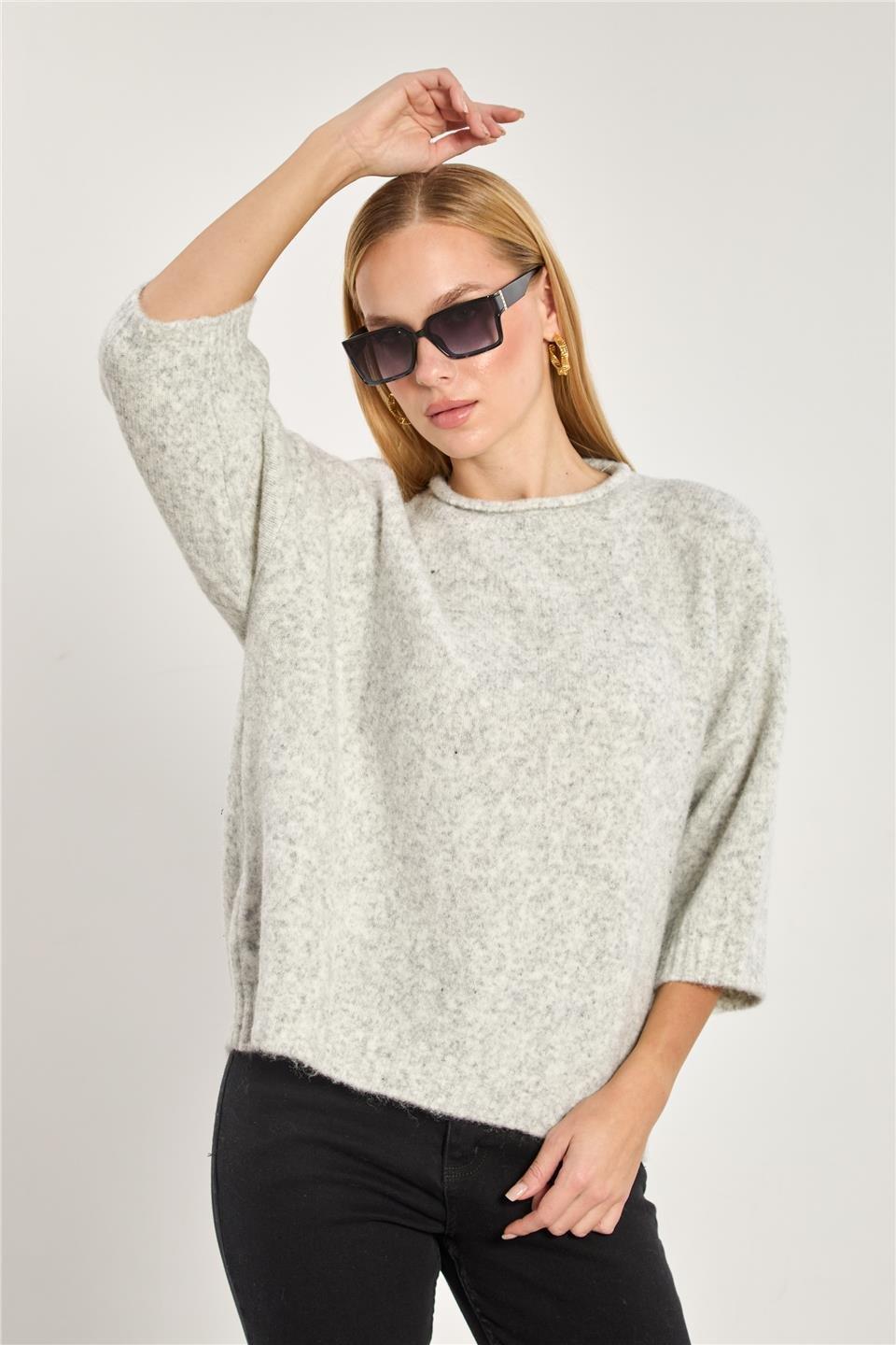 Yarım kol oversize triko kazak-K-166-1 - Açık Gri