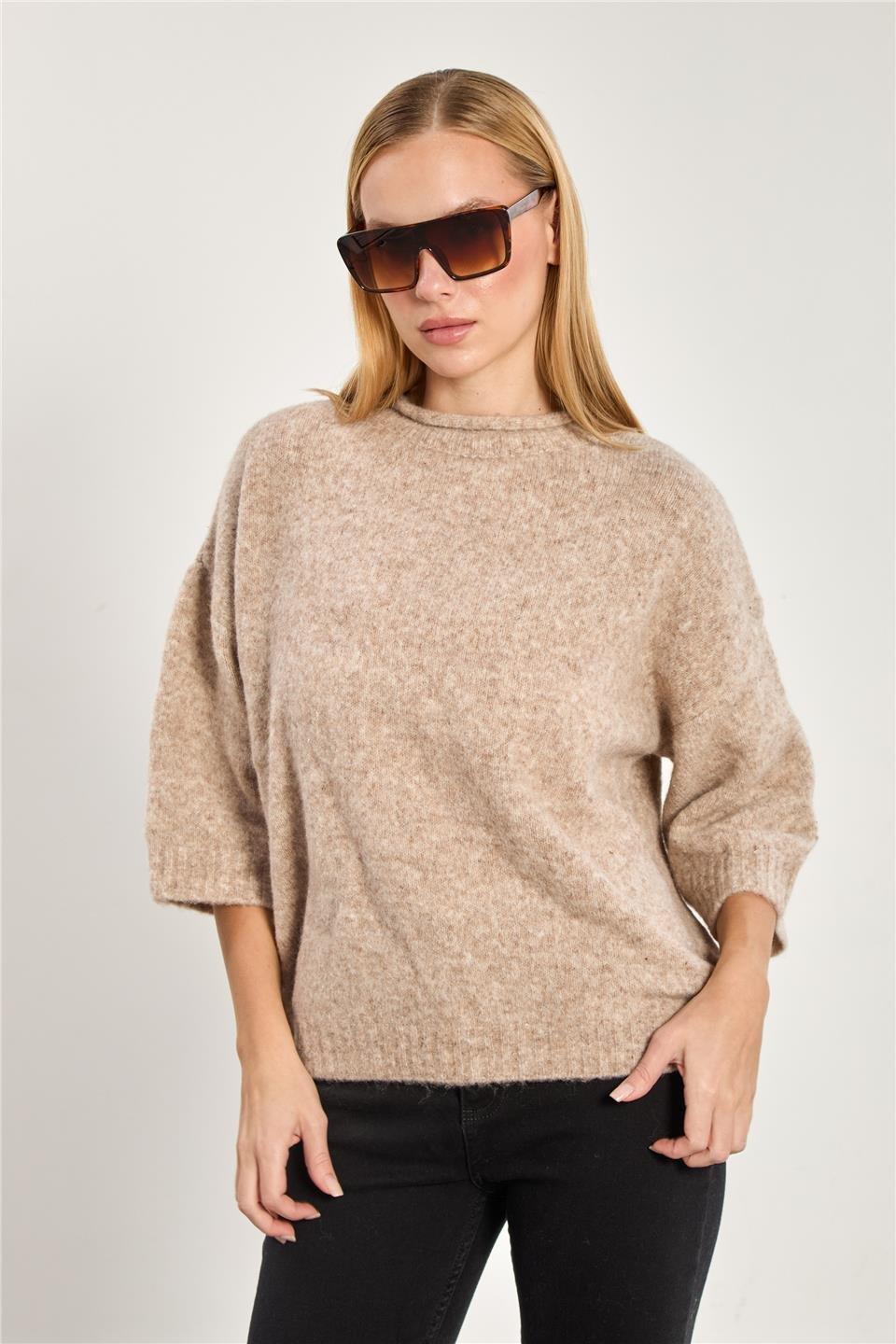 Yarım kol oversize triko kazak-K-166-1 - Vizon
