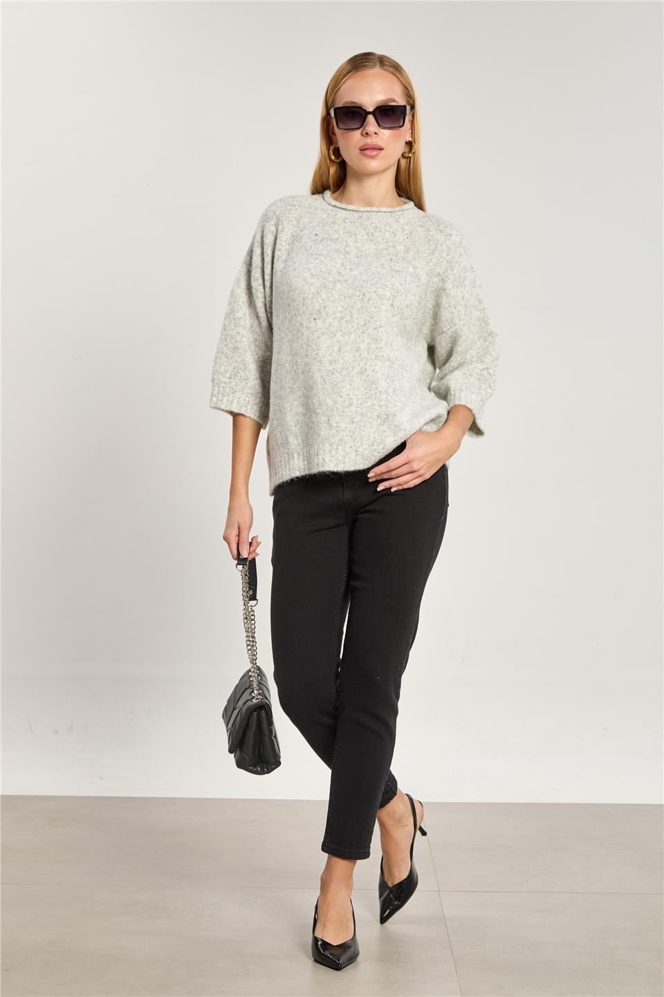 Yarım kol oversize triko kazak-K-166-1 - Açık Gri