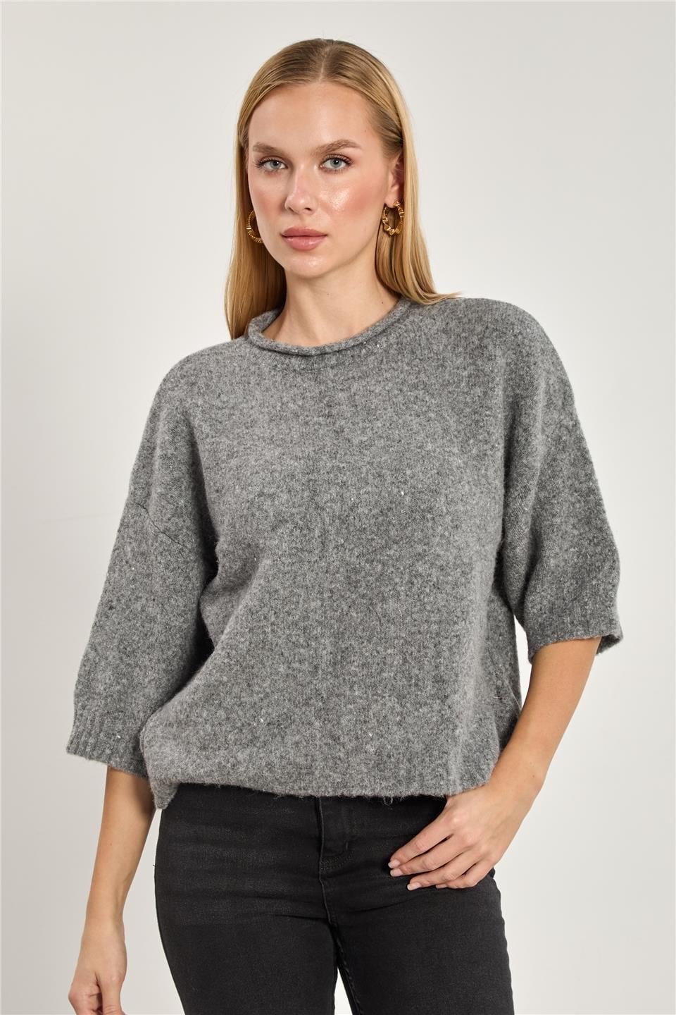 Yarım kol oversize triko kazak-K-166-1 - Koyu Gri