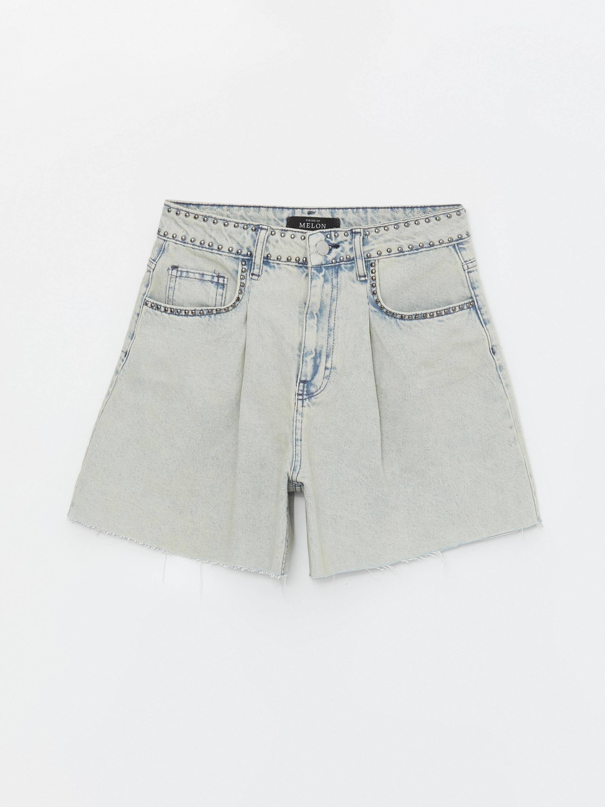 Acik Mavi Trok Detaylı Yüksel Bel Denim Şort