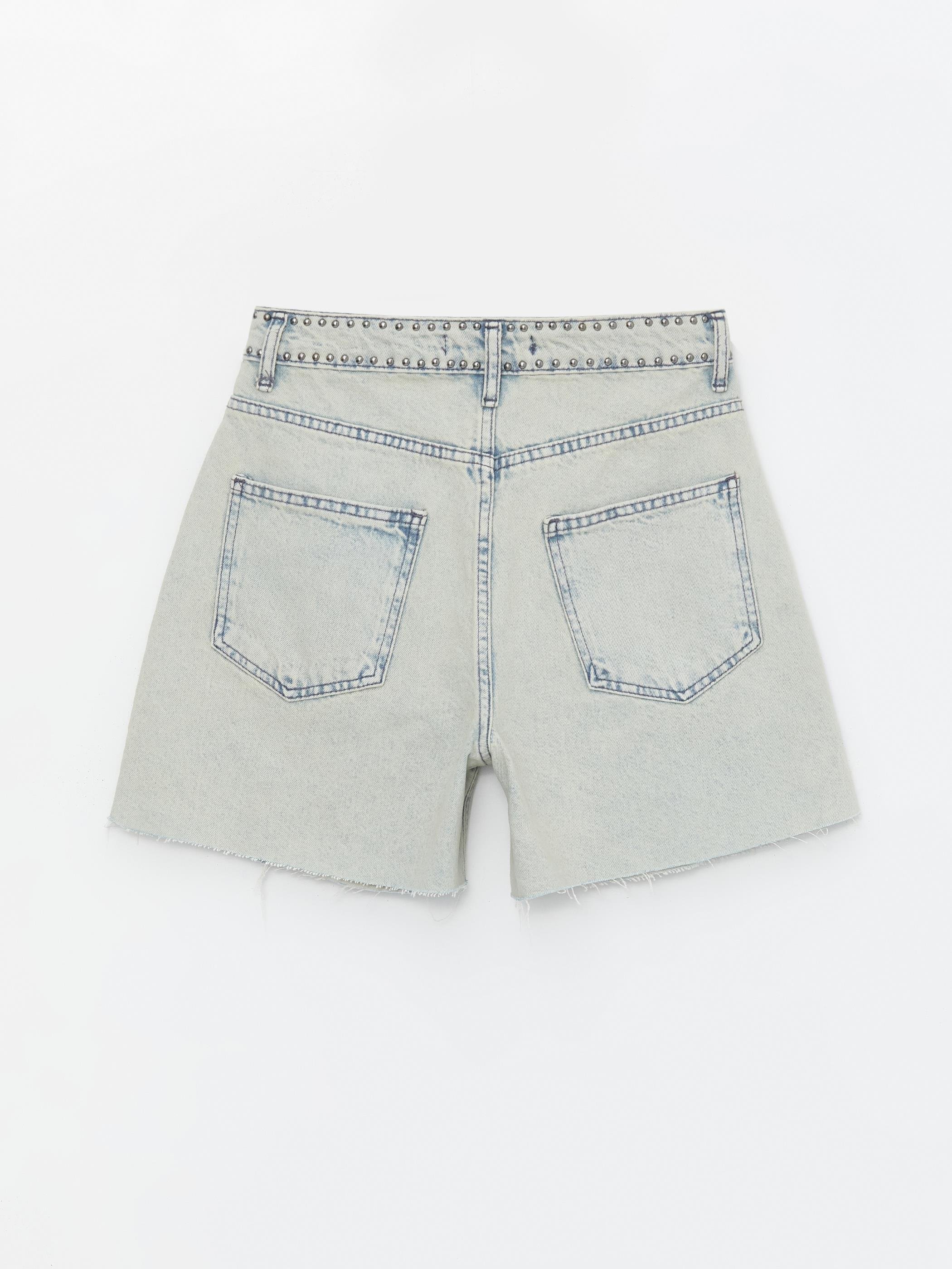 Acik Mavi Trok Detaylı Yüksel Bel Denim Şort