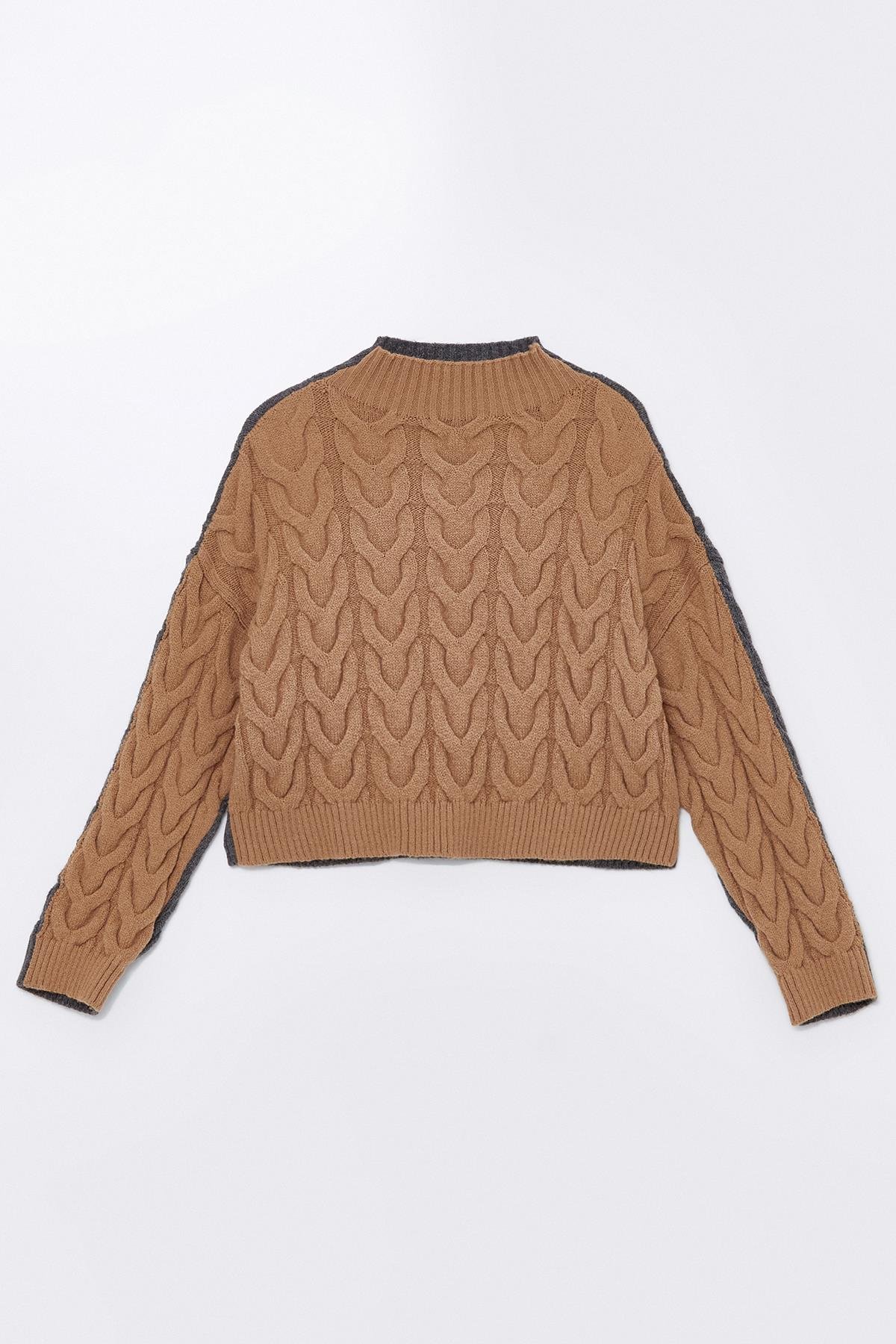 Antrasit-Camel Saç Örgülü Dik Yakalı Çift Taraflı Giyilebilir Kazak