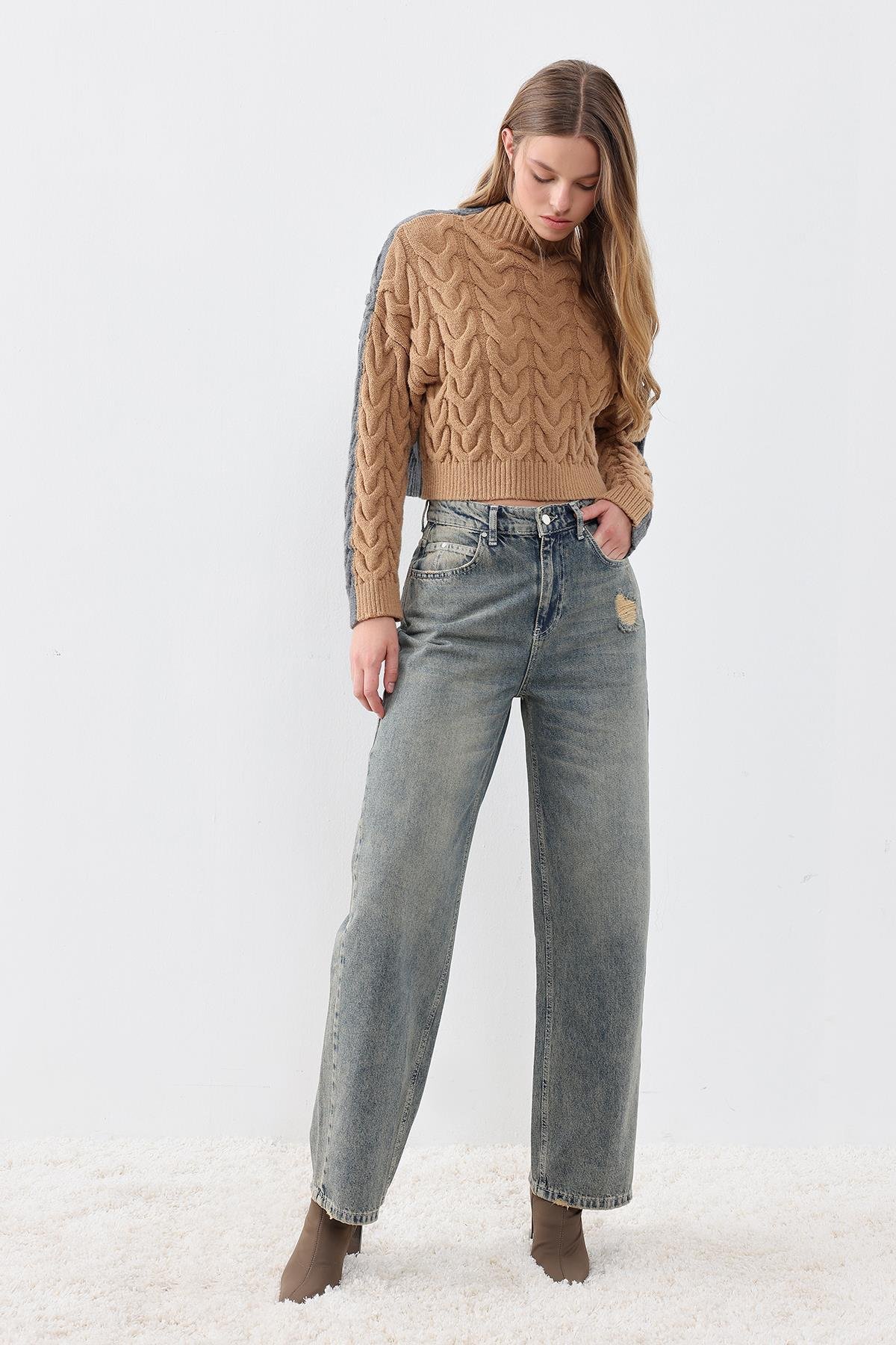 Antrasit-Camel Saç Örgülü Dik Yakalı Çift Taraflı Giyilebilir Kazak