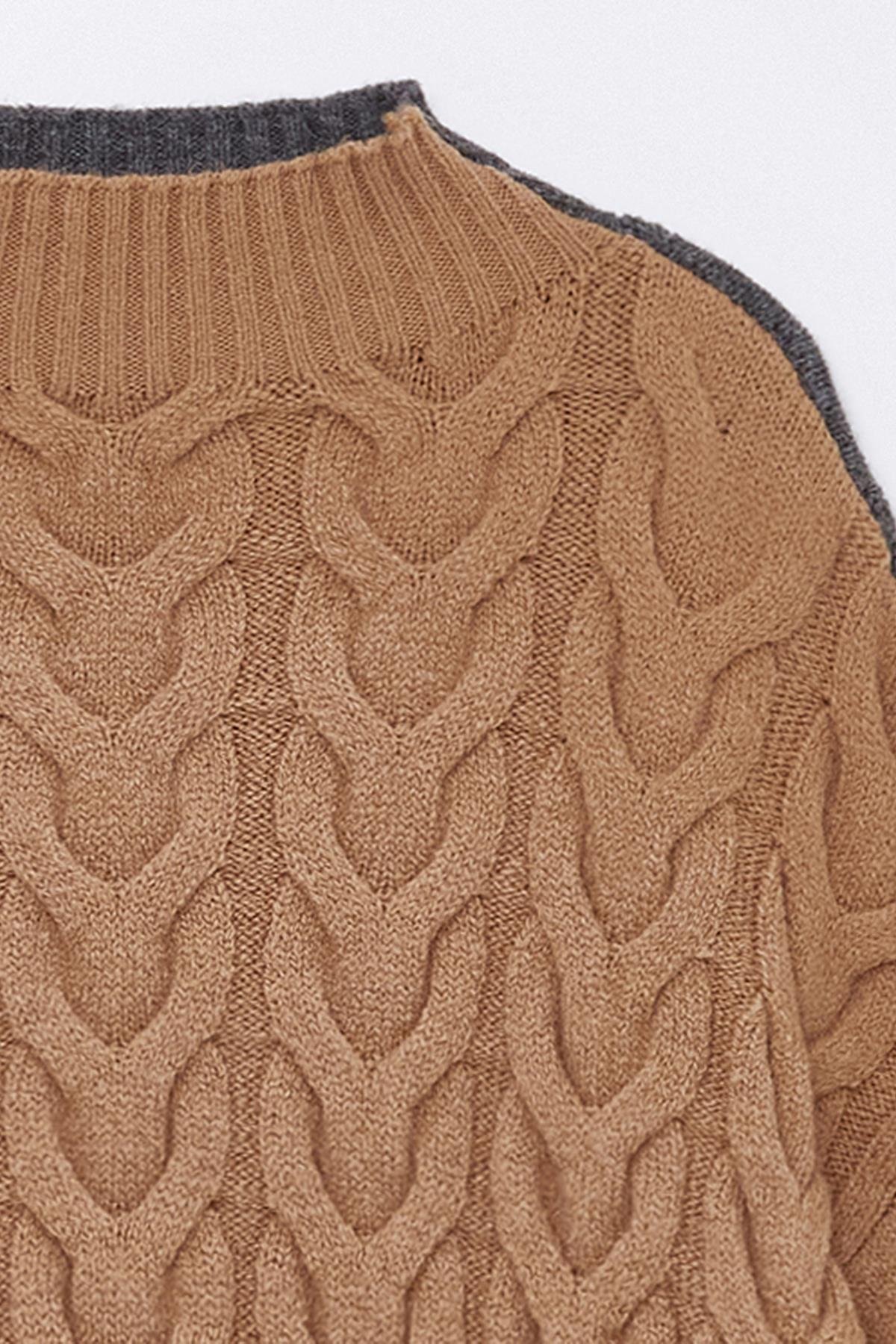 Antrasit-Camel Saç Örgülü Dik Yakalı Çift Taraflı Giyilebilir Kazak