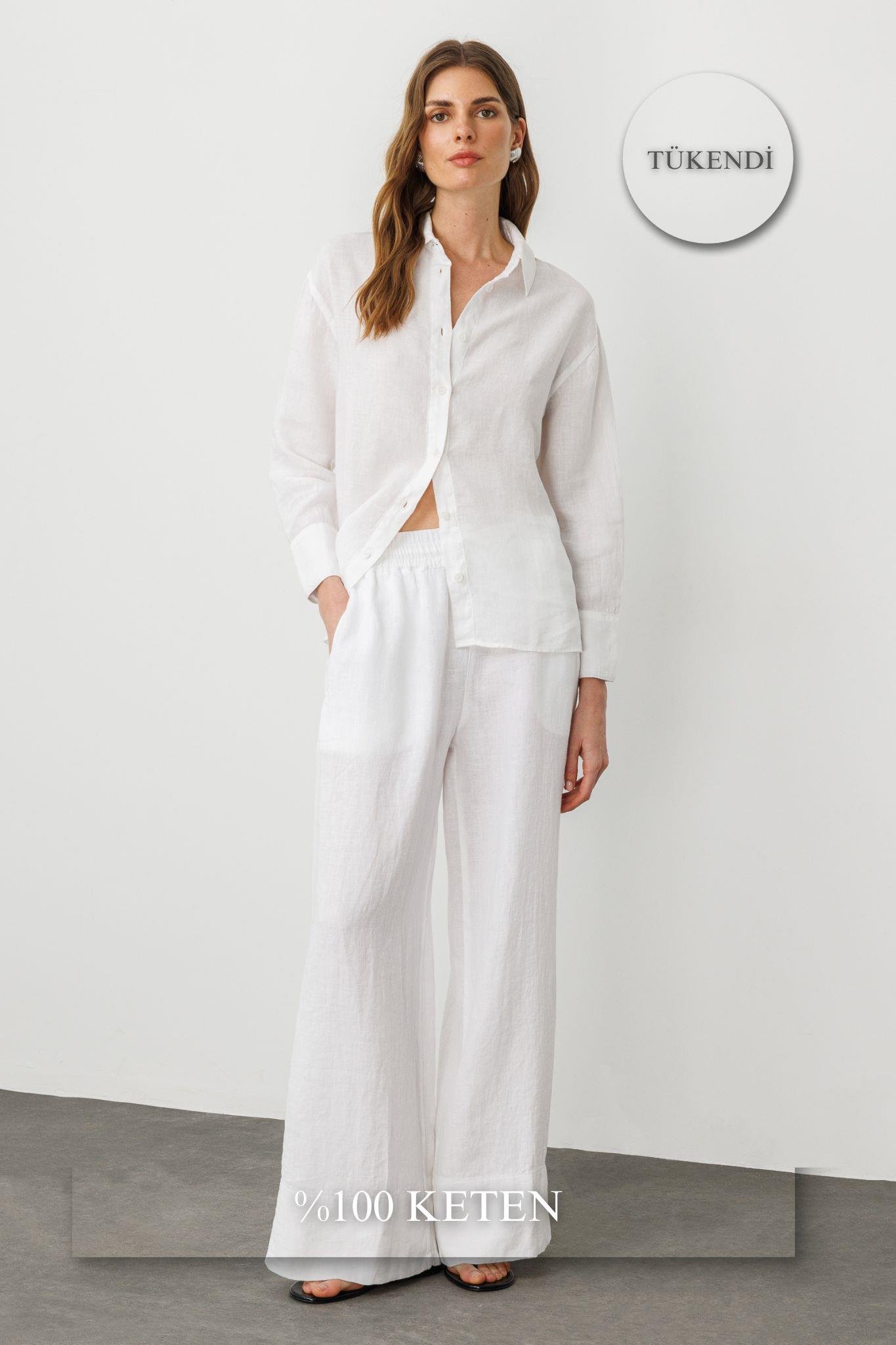 Beyaz Bel Lastikli Salaş Kesim %100 Keten Wide Leg Pantolon