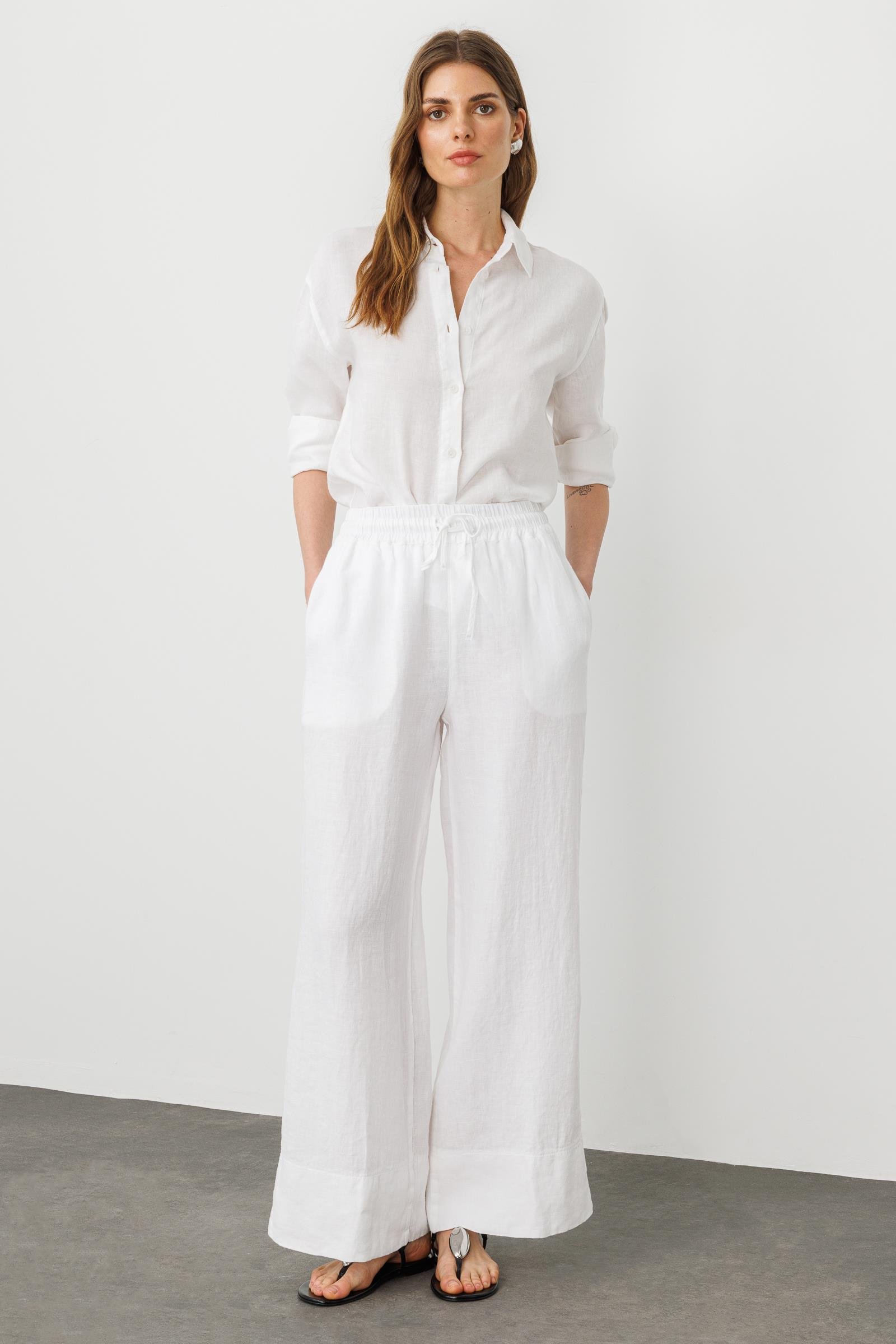 Beyaz Bel Lastikli Salaş Kesim %100 Keten Wide Leg Pantolon