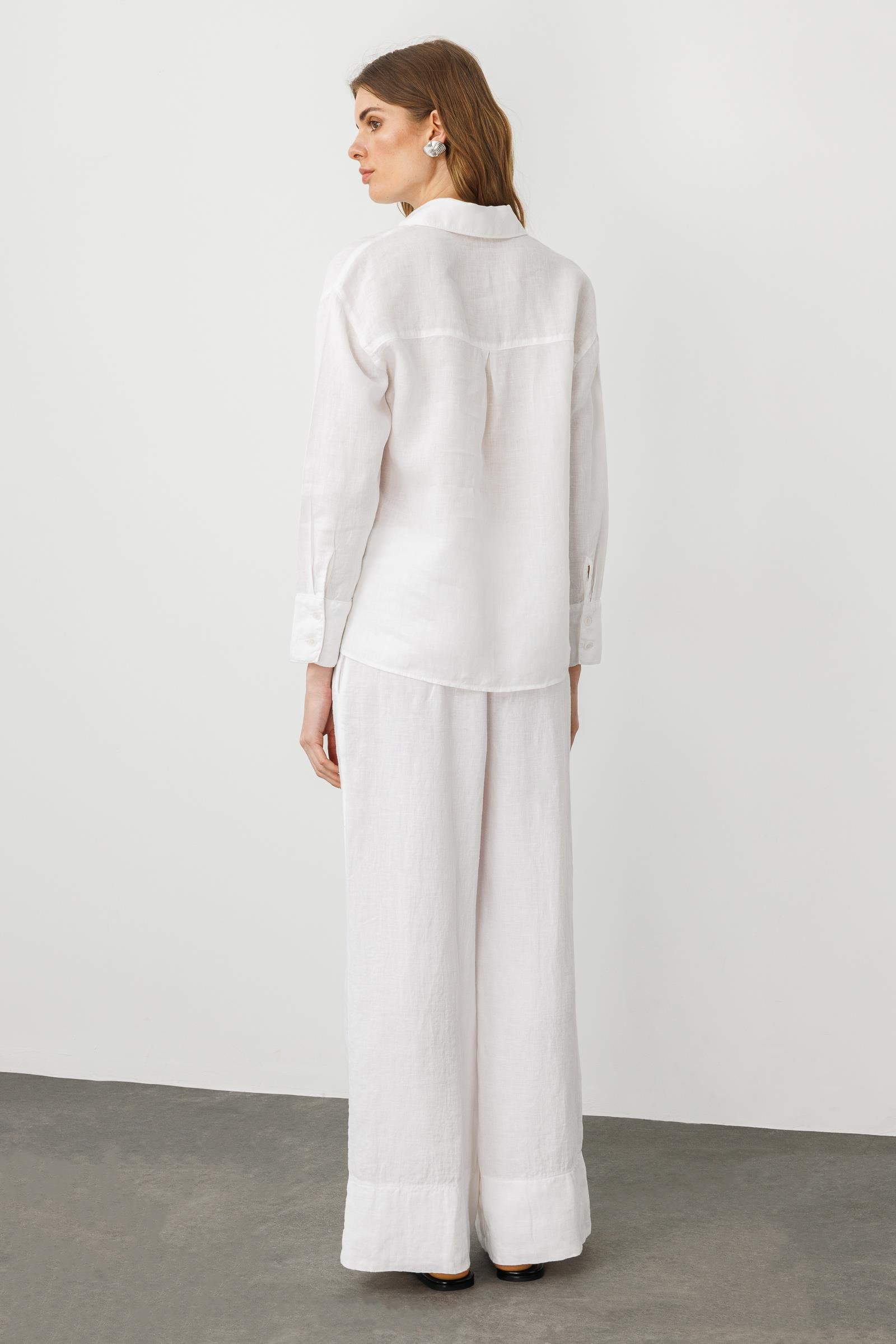 Beyaz Bel Lastikli Salaş Kesim %100 Keten Wide Leg Pantolon