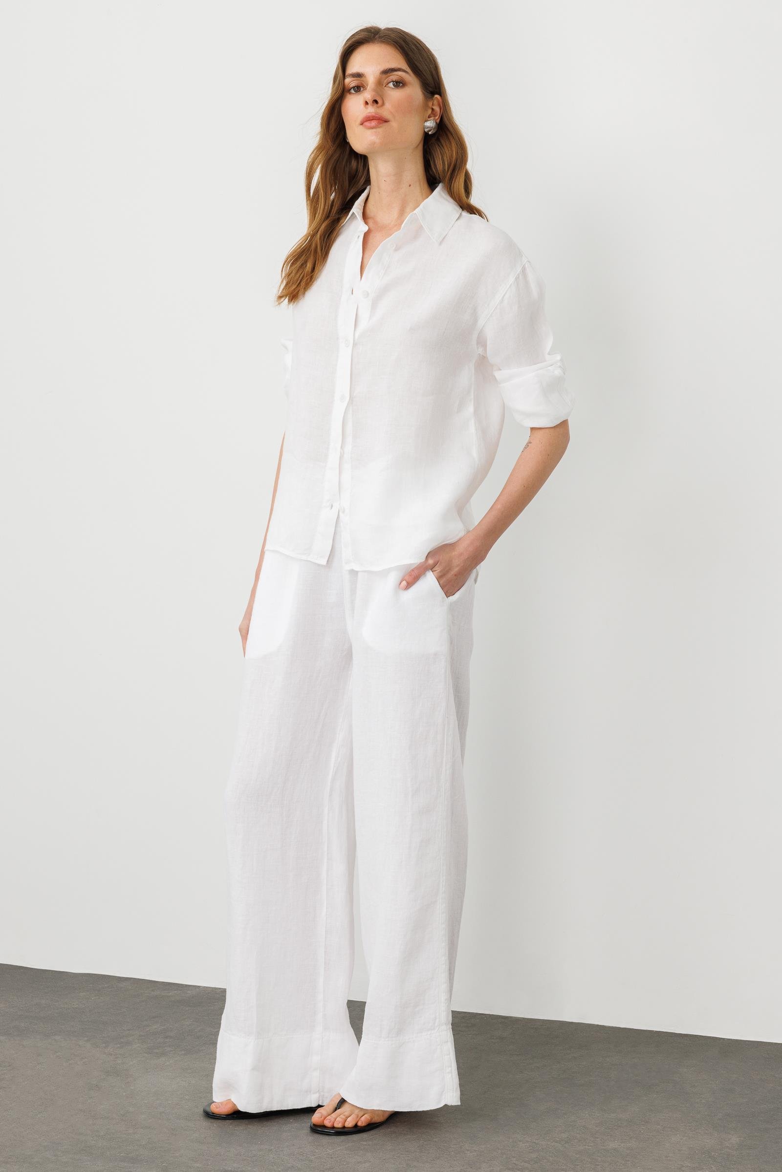 Beyaz Bel Lastikli Salaş Kesim %100 Keten Wide Leg Pantolon