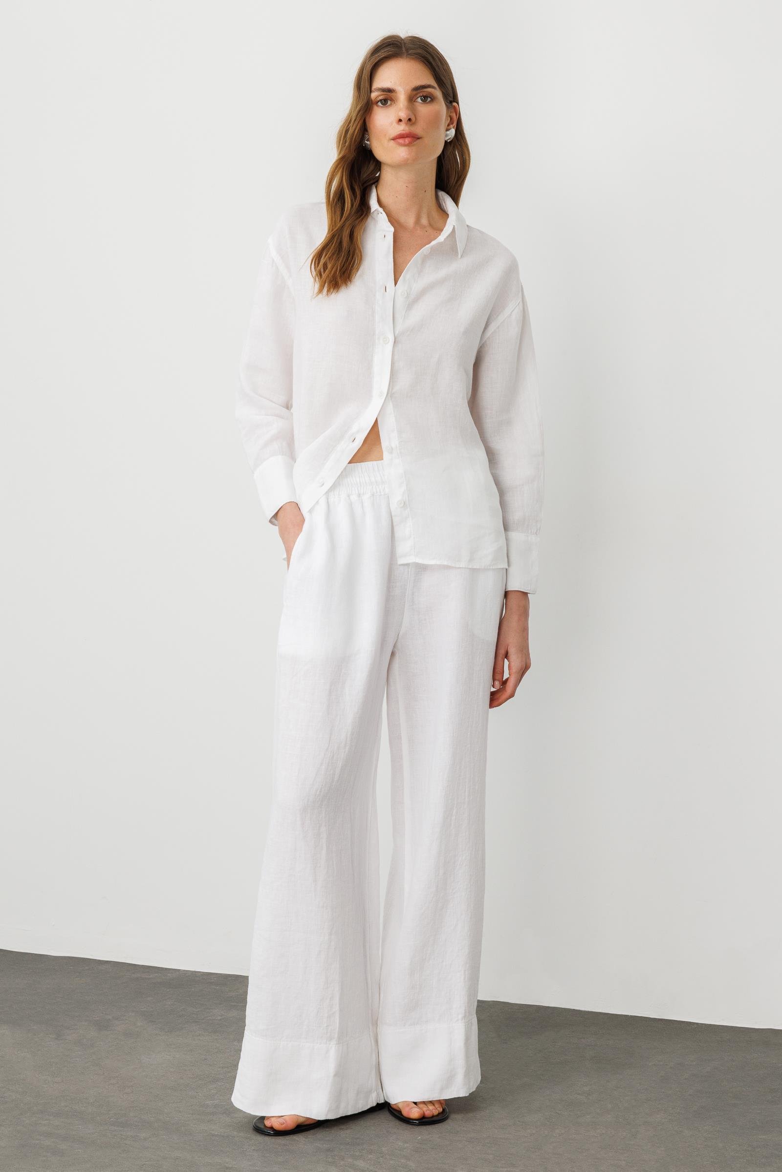 Beyaz Bel Lastikli Salaş Kesim %100 Keten Wide Leg Pantolon