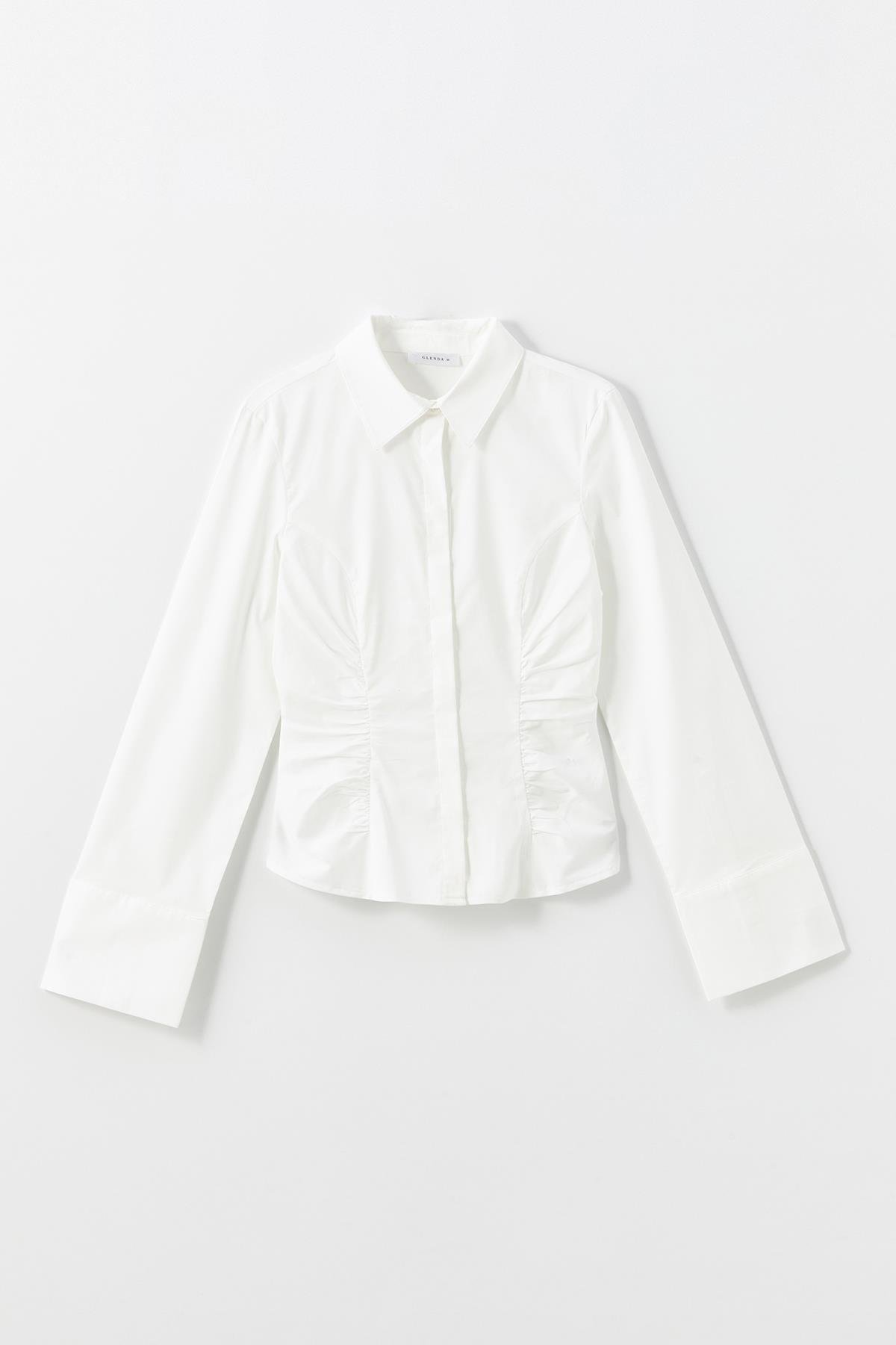 Beyaz Büzgü Detaylı Lycralı Poplin Gömlek