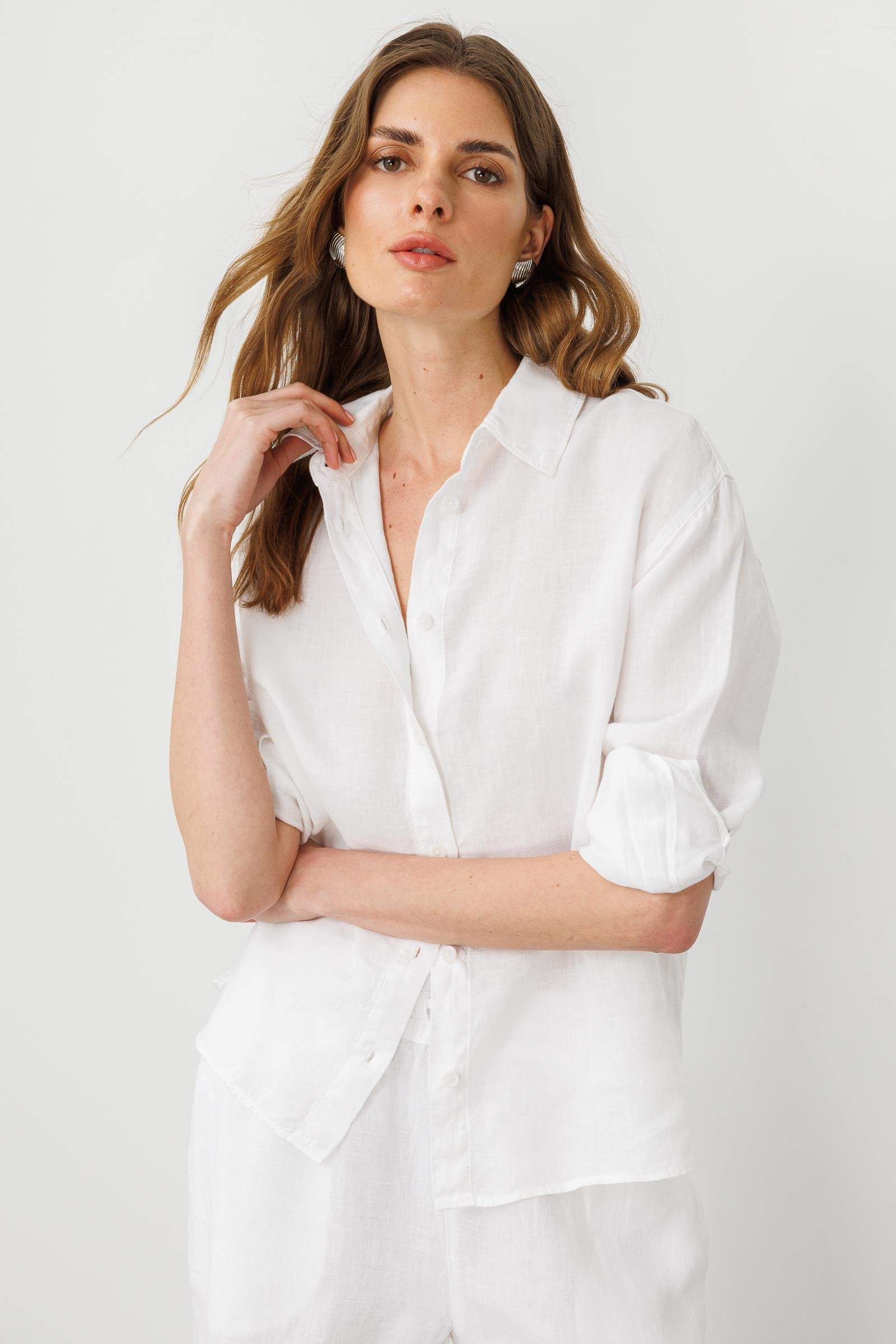 Beyaz Önden Düğmeli %100 Keten Gömlek