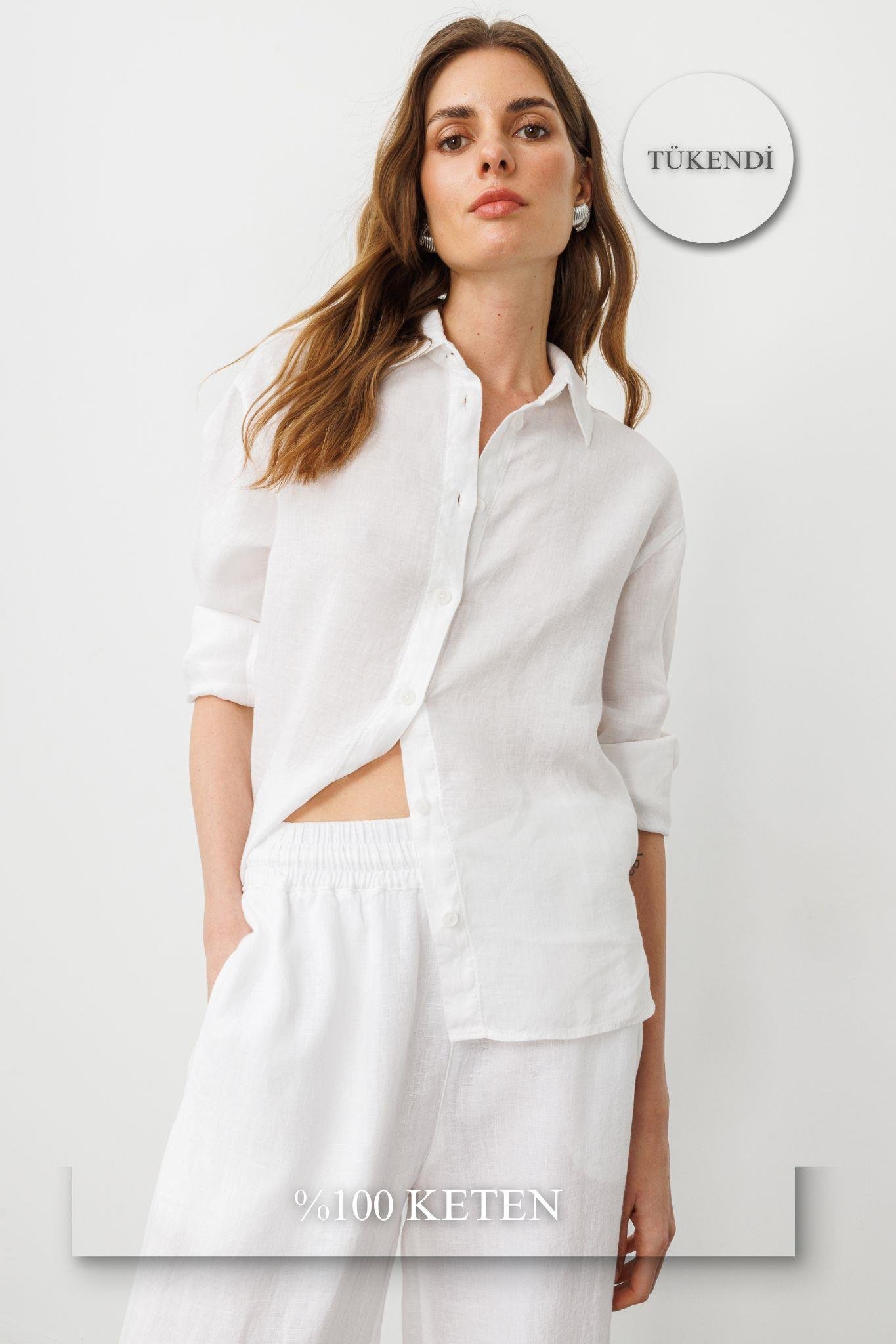 Beyaz Önden Düğmeli %100 Keten Gömlek