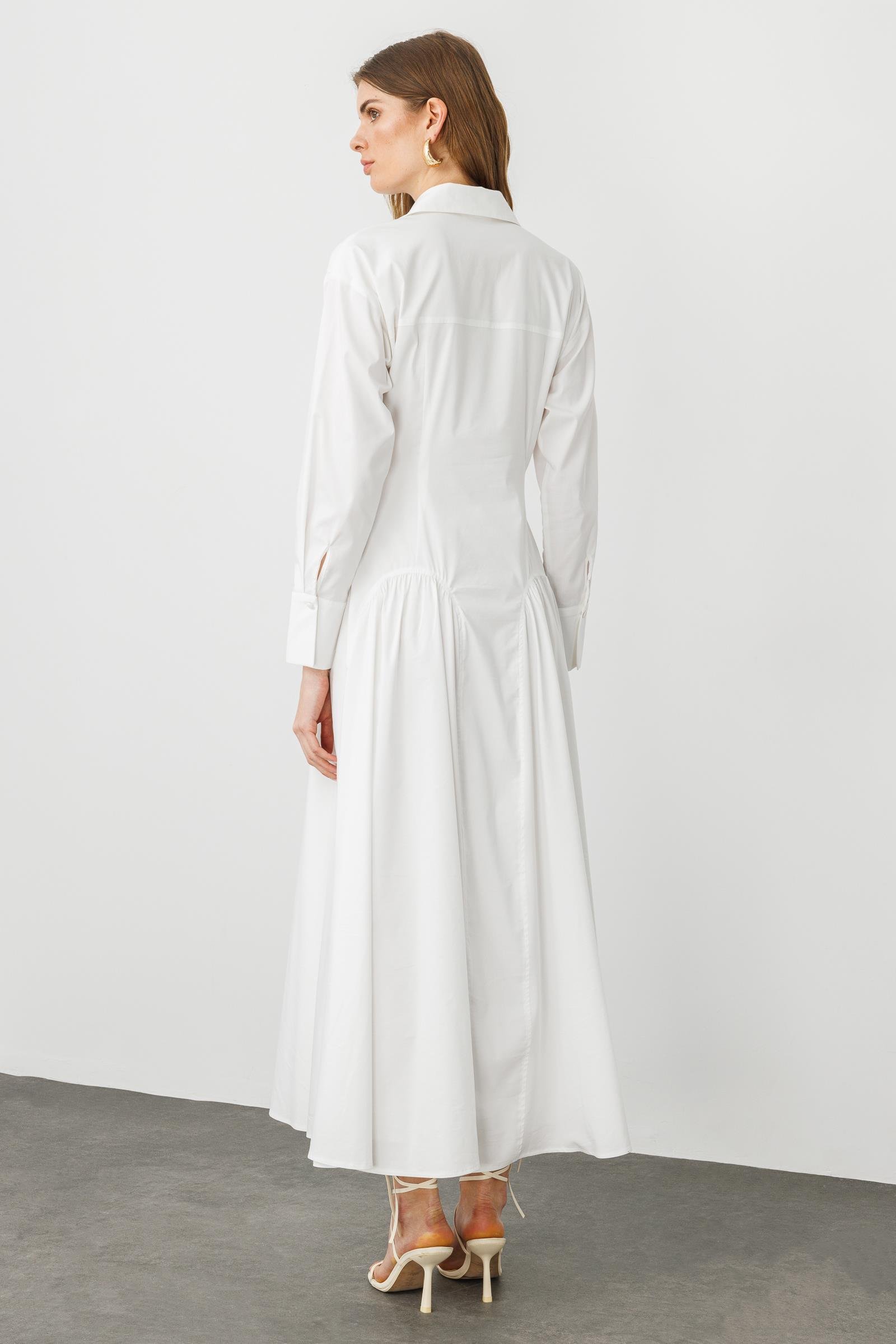 Beyaz Pamuklu, Büzgü Detaylı, Uzun Kollu, A Form Gömlek Elbise