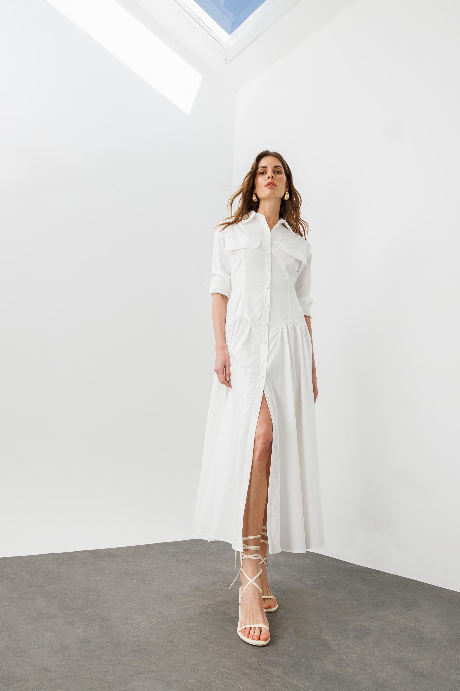 Beyaz Pamuklu, Büzgü Detaylı, Uzun Kollu, A Form Gömlek Elbise