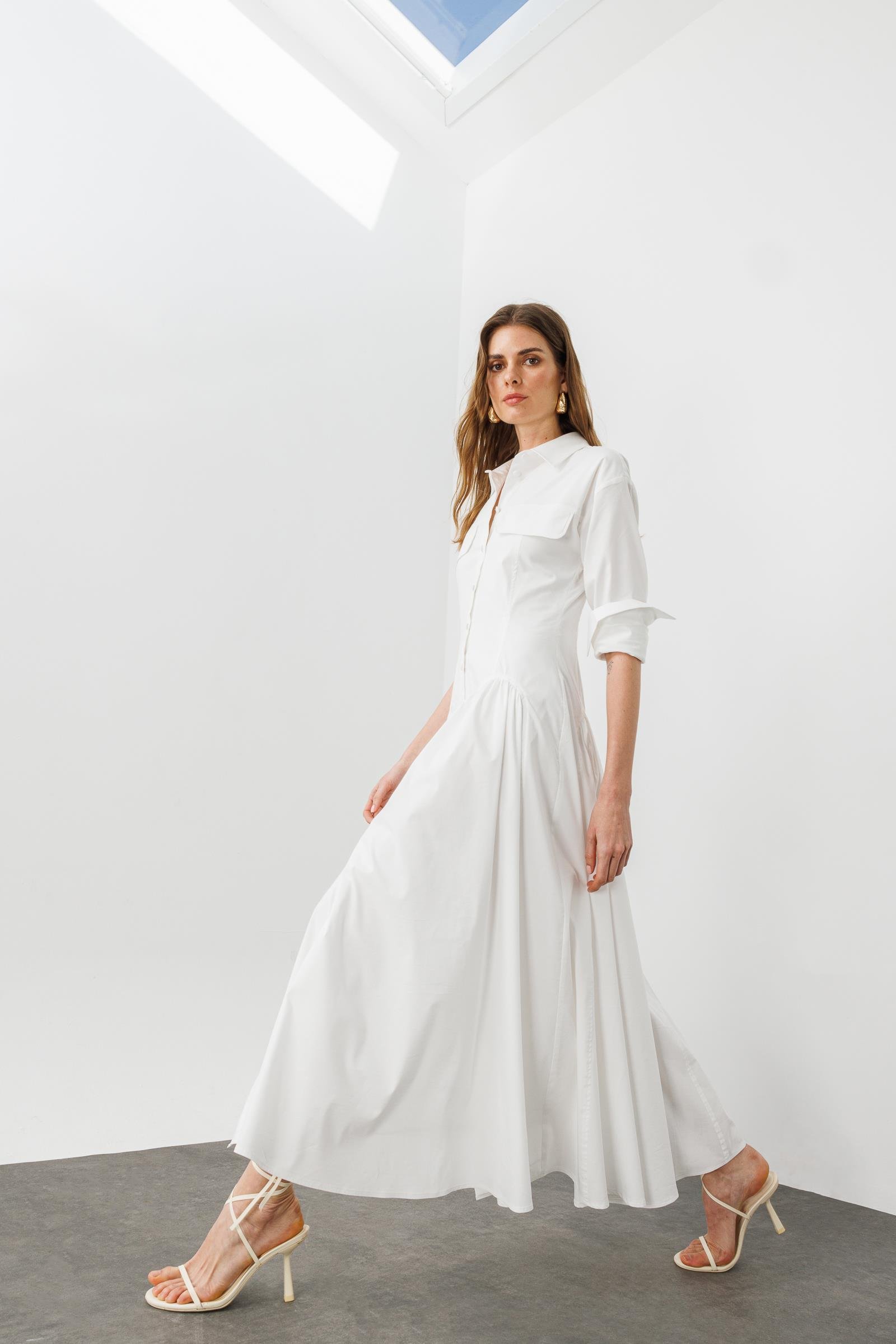 Beyaz Pamuklu, Büzgü Detaylı, Uzun Kollu, A Form Gömlek Elbise