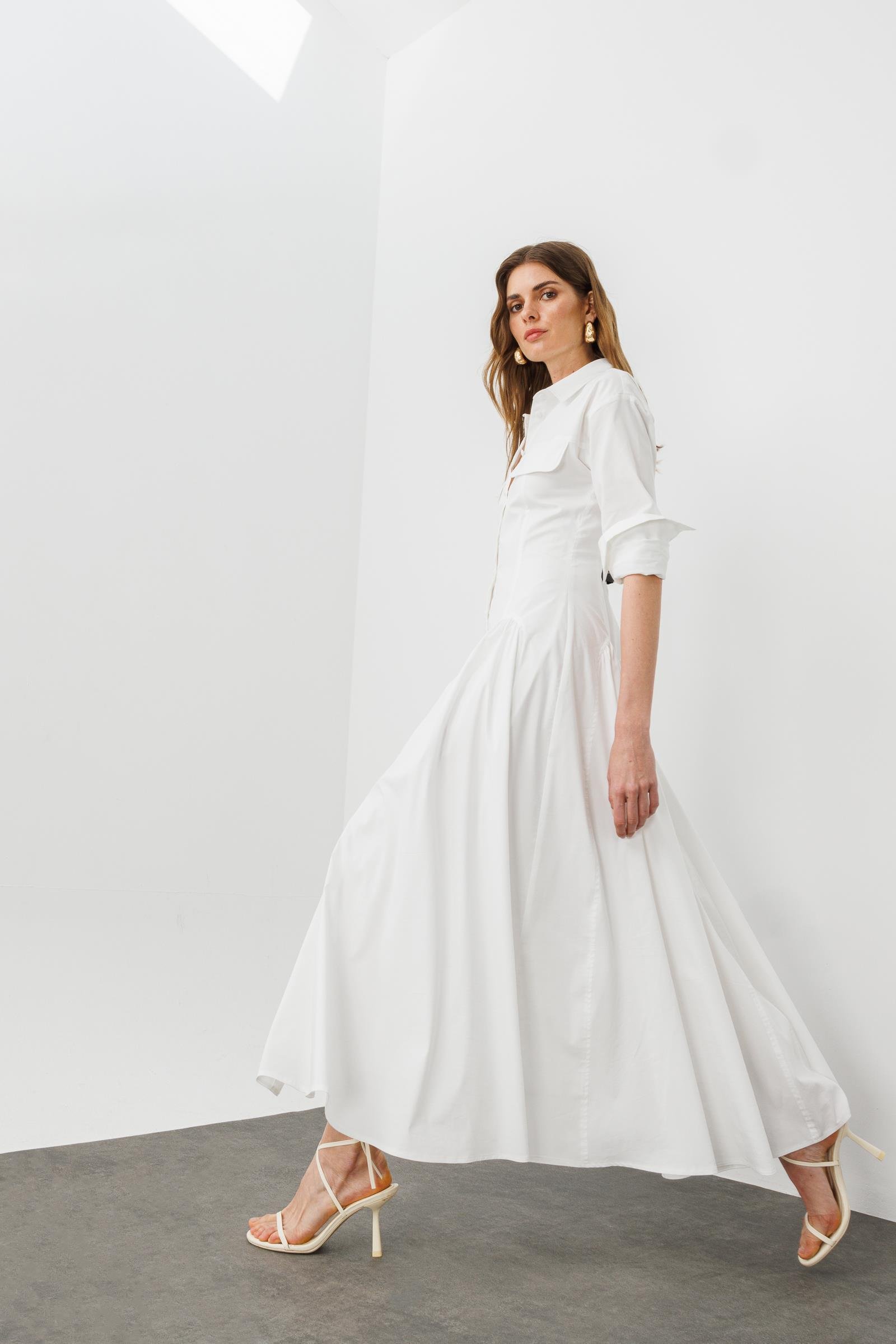 Beyaz Pamuklu, Büzgü Detaylı, Uzun Kollu, A Form Gömlek Elbise
