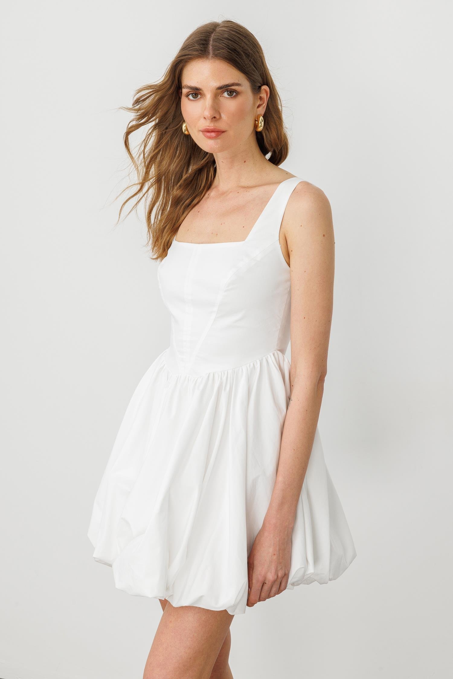 Beyaz Pamuklu, Kare Yakalı Korse Detaylı, Askılı Mini Balon Etekli Elbise