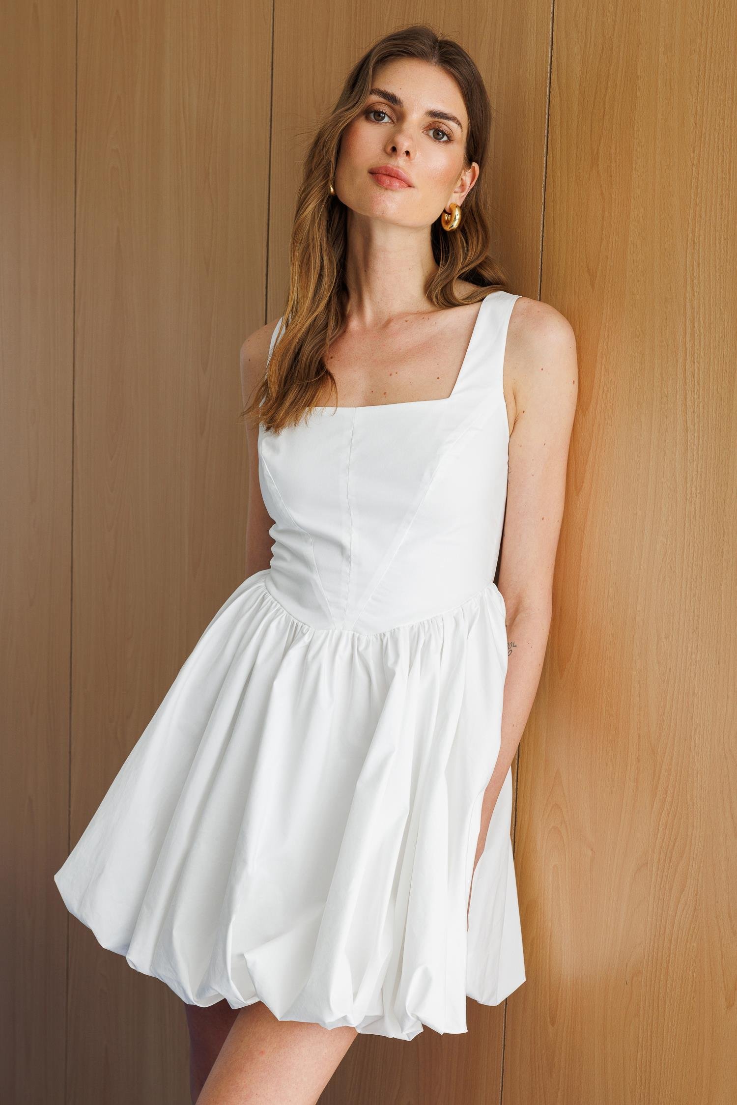 Beyaz Pamuklu, Kare Yakalı Korse Detaylı, Askılı Mini Balon Etekli Elbise