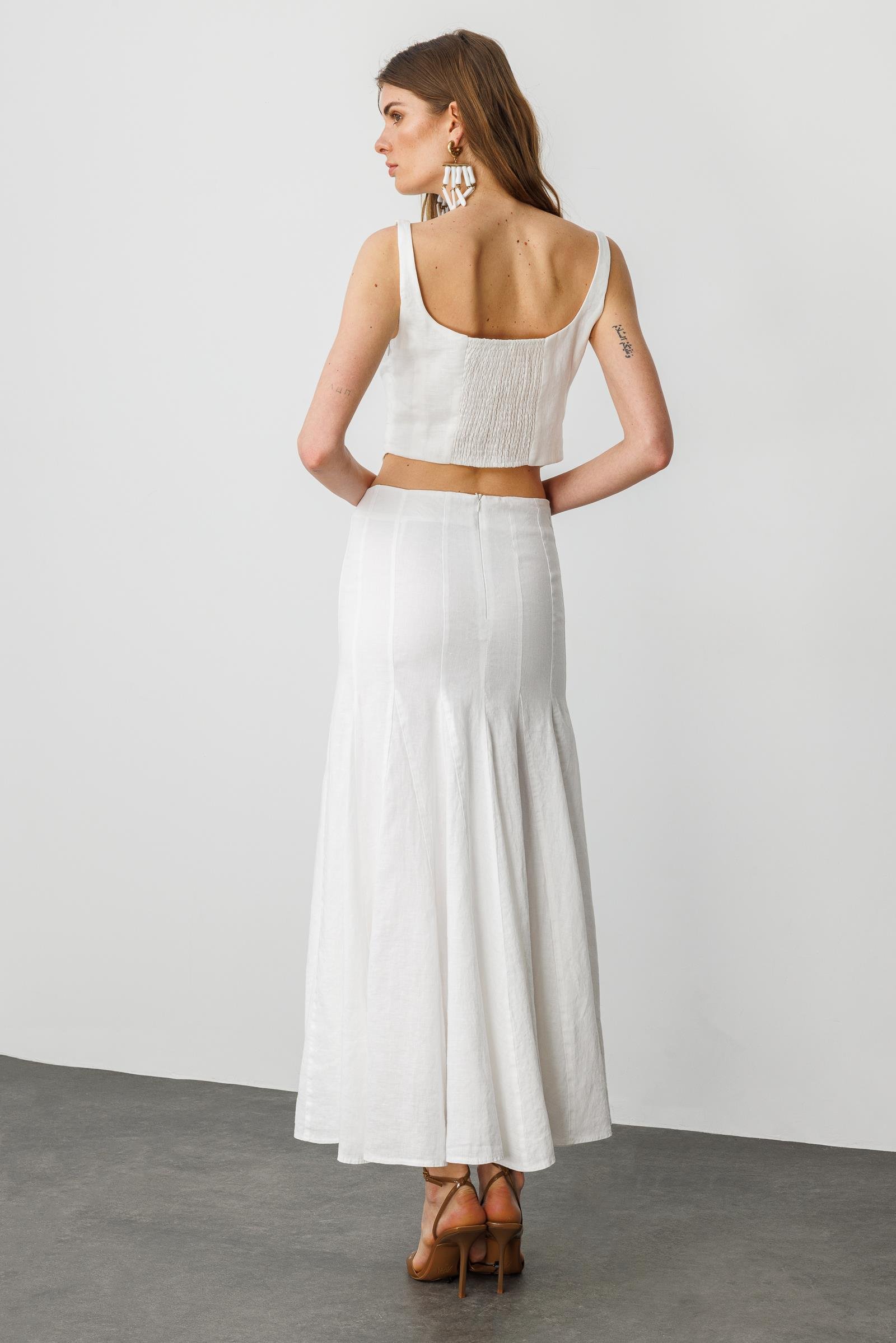 Beyaz Parçalı, Etek ucu Volanlı,  Vual Astarlı Maksi Keten Etek