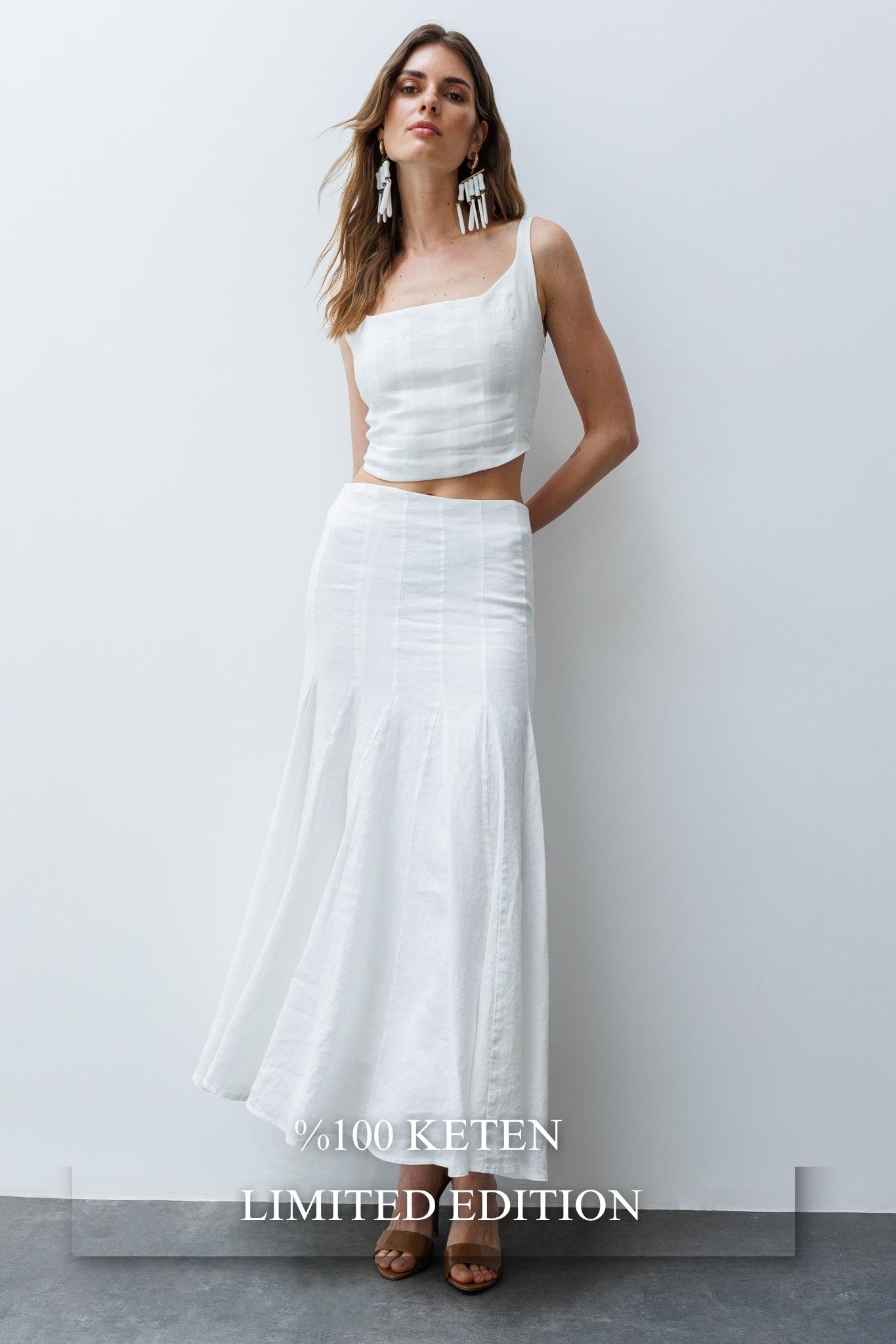 Beyaz Parçalı, Etek ucu Volanlı,  Vual Astarlı Maksi Keten Etek