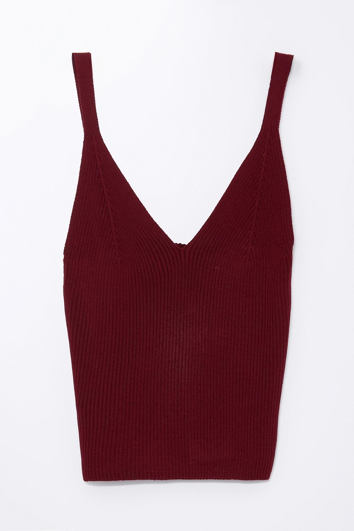 Bordo Ayarlanabilir Askılı V Yakalı Triko Atlet
