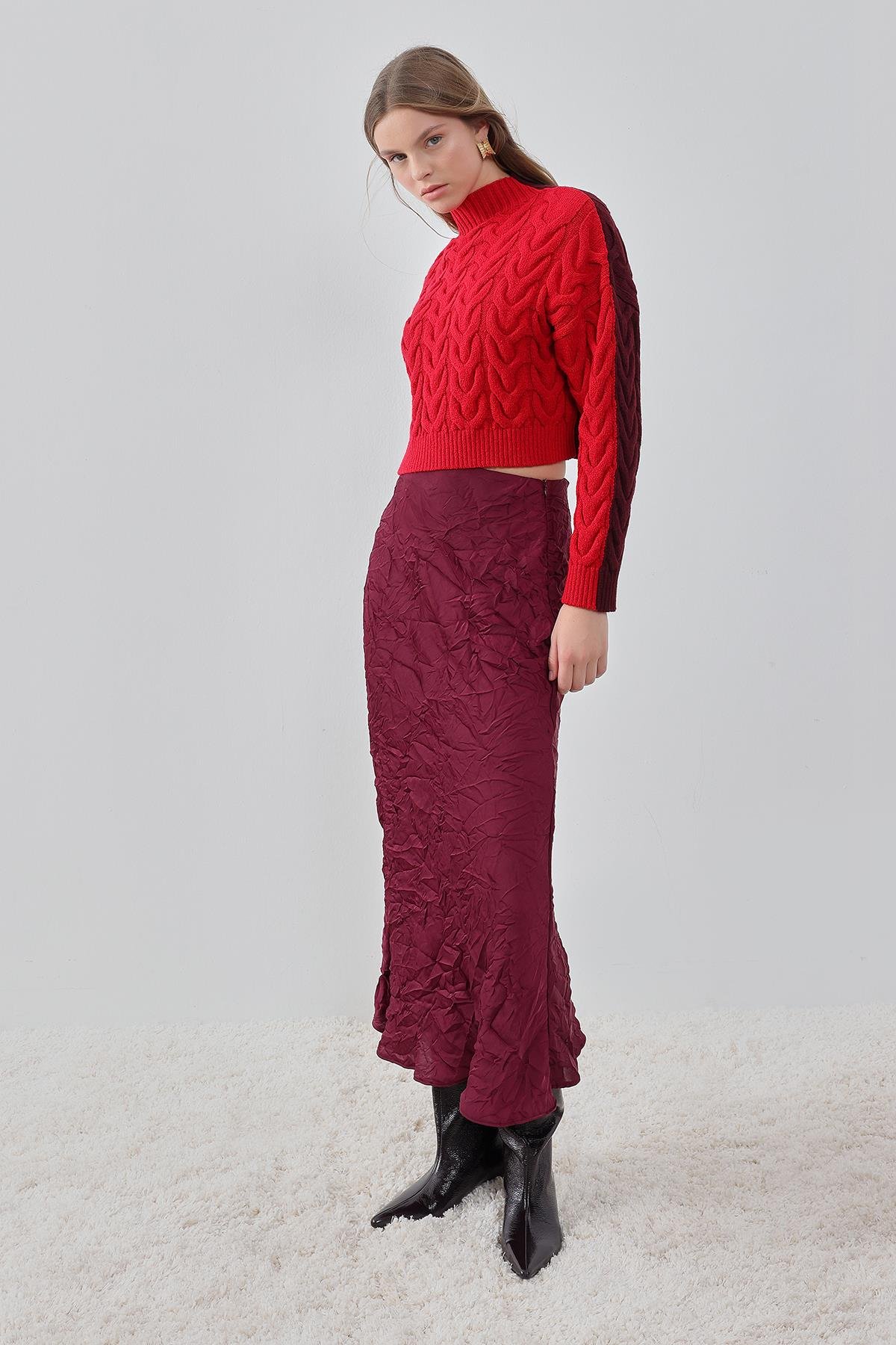 Bordo Crashlı Midi Saten Etek