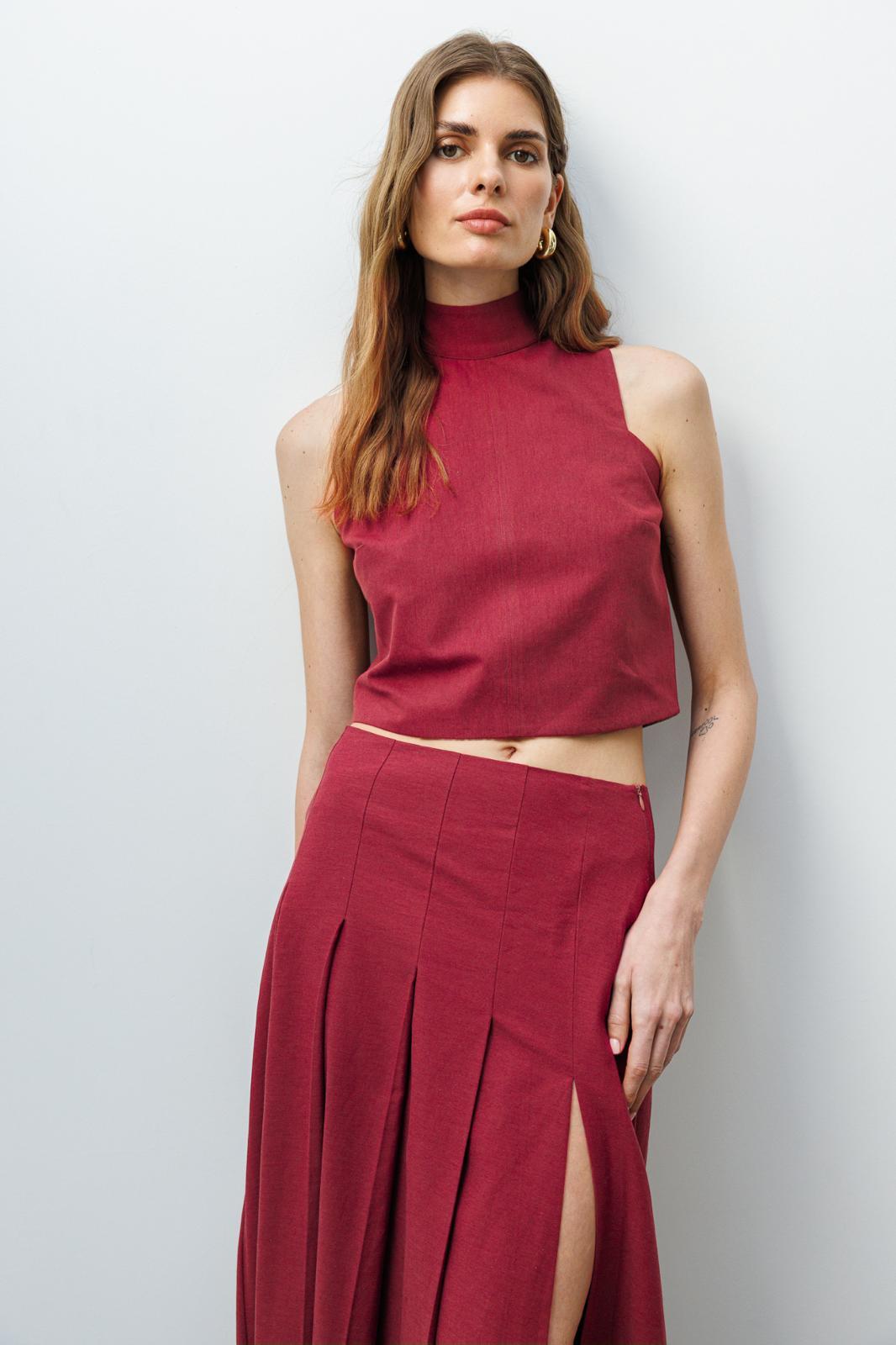 Bordo Dik Yakalı Boyundan Bağlamalı Halter Yakalı Keten Bluz