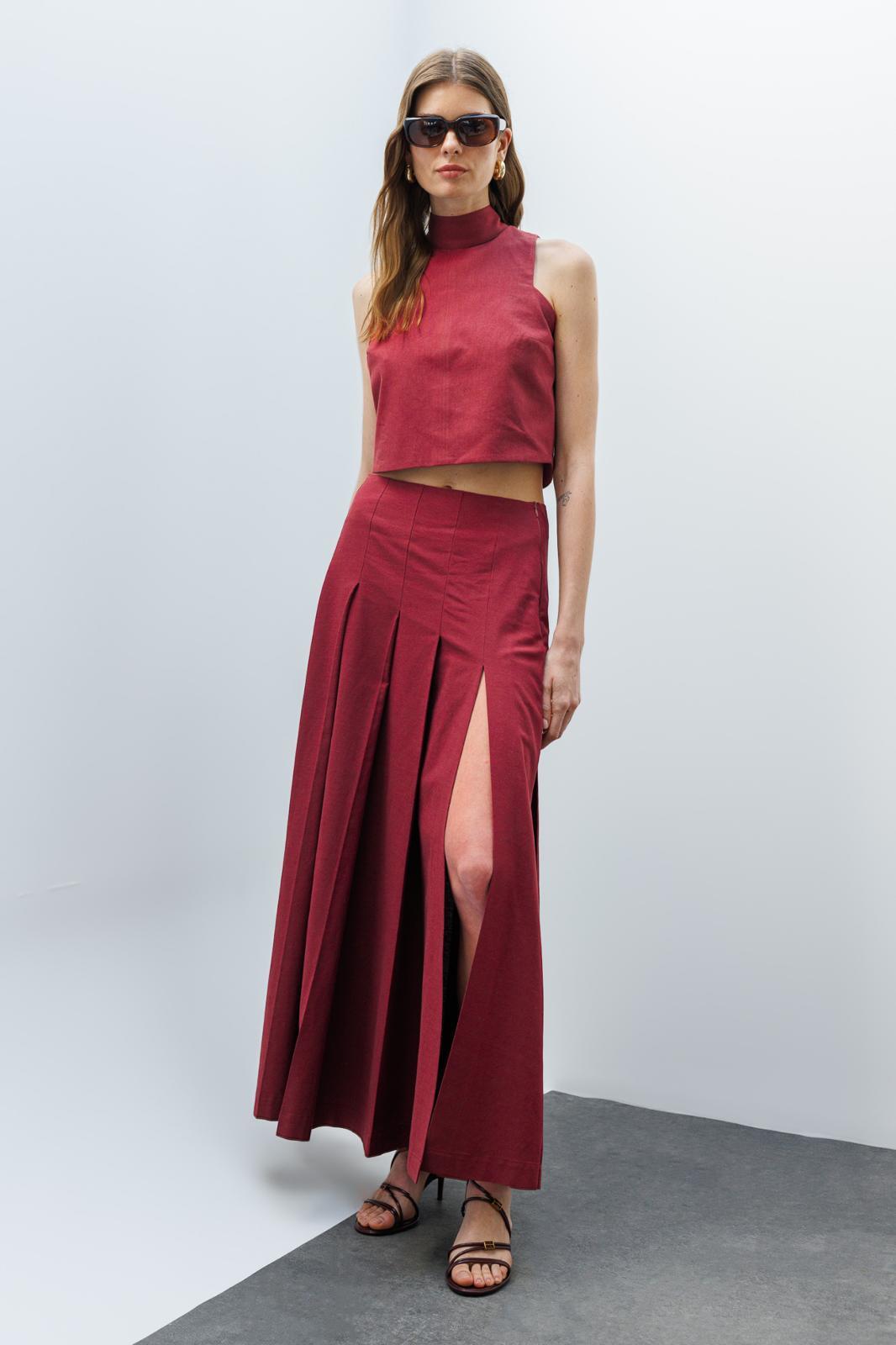 Bordo Pili Detaylı Yırtmaçlı Maxi Keten Etek