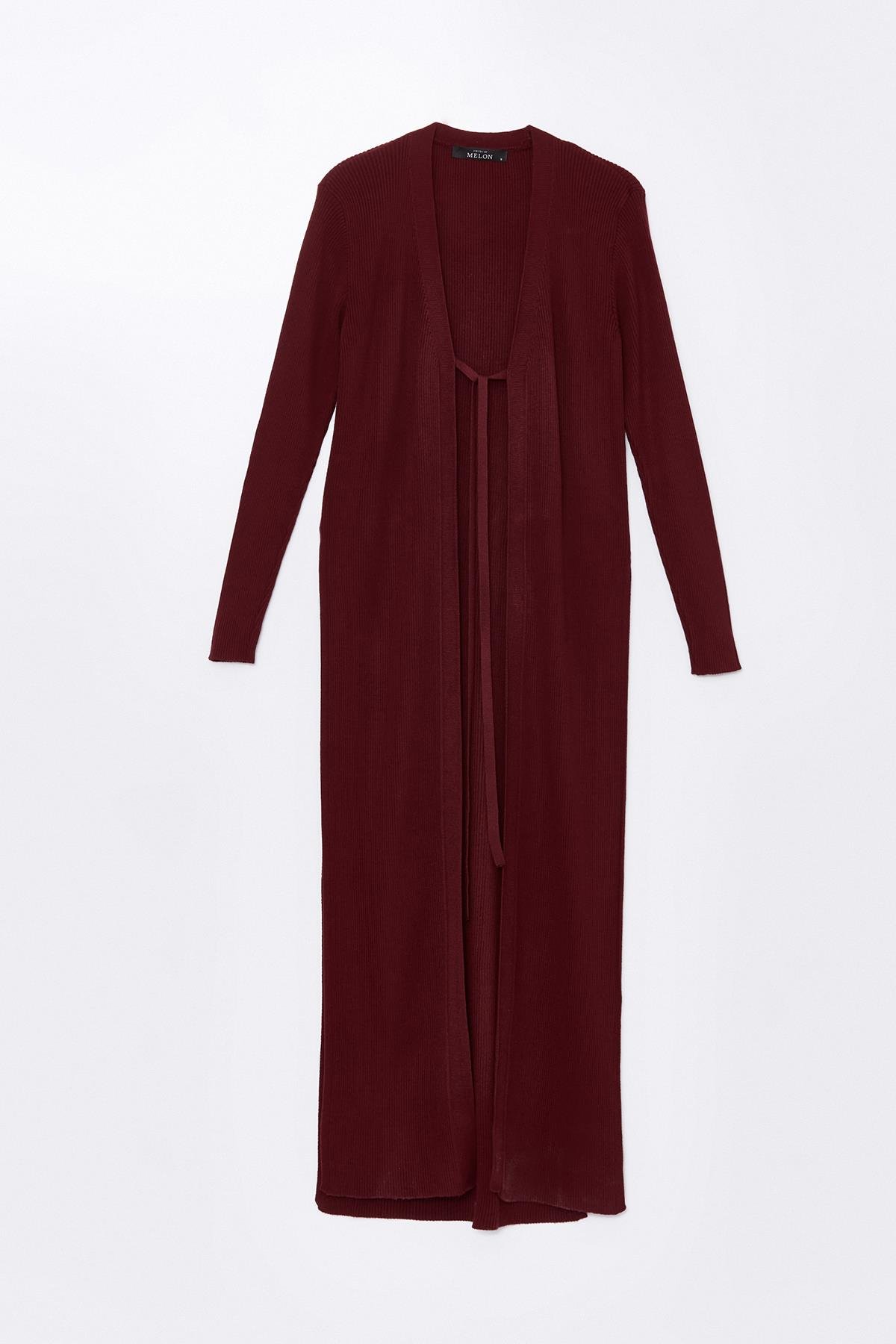 Bordo Yandan Yırtmaçlı Uzun,Bağlama Detaylı Triko Hırka