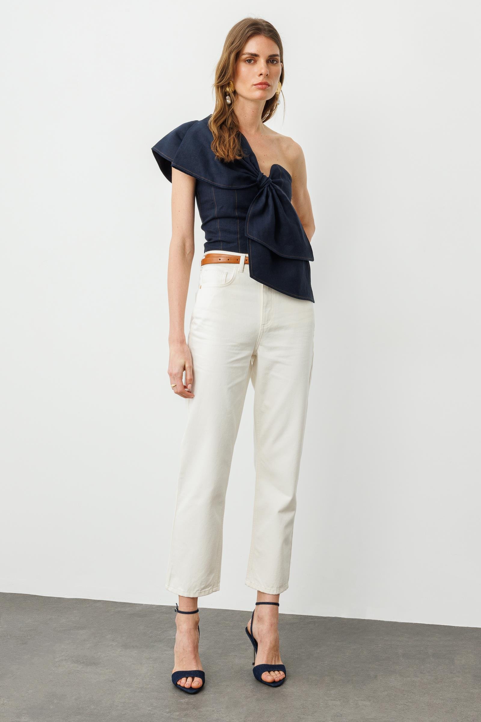 Ekru Yüksek Bel Straight Jean