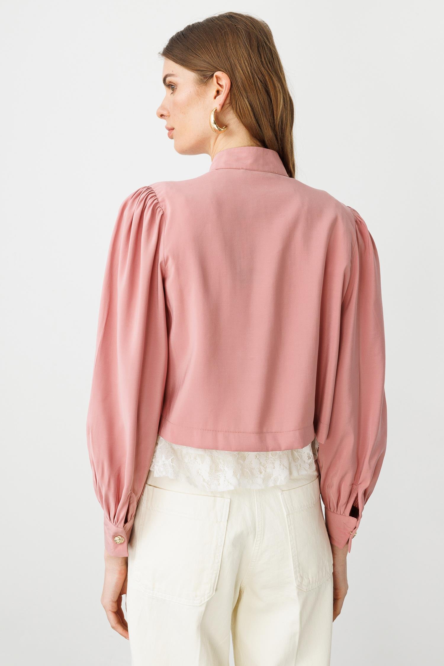 Gül Kurusu Dik Yaka Balon Kollu Crop Gömlek