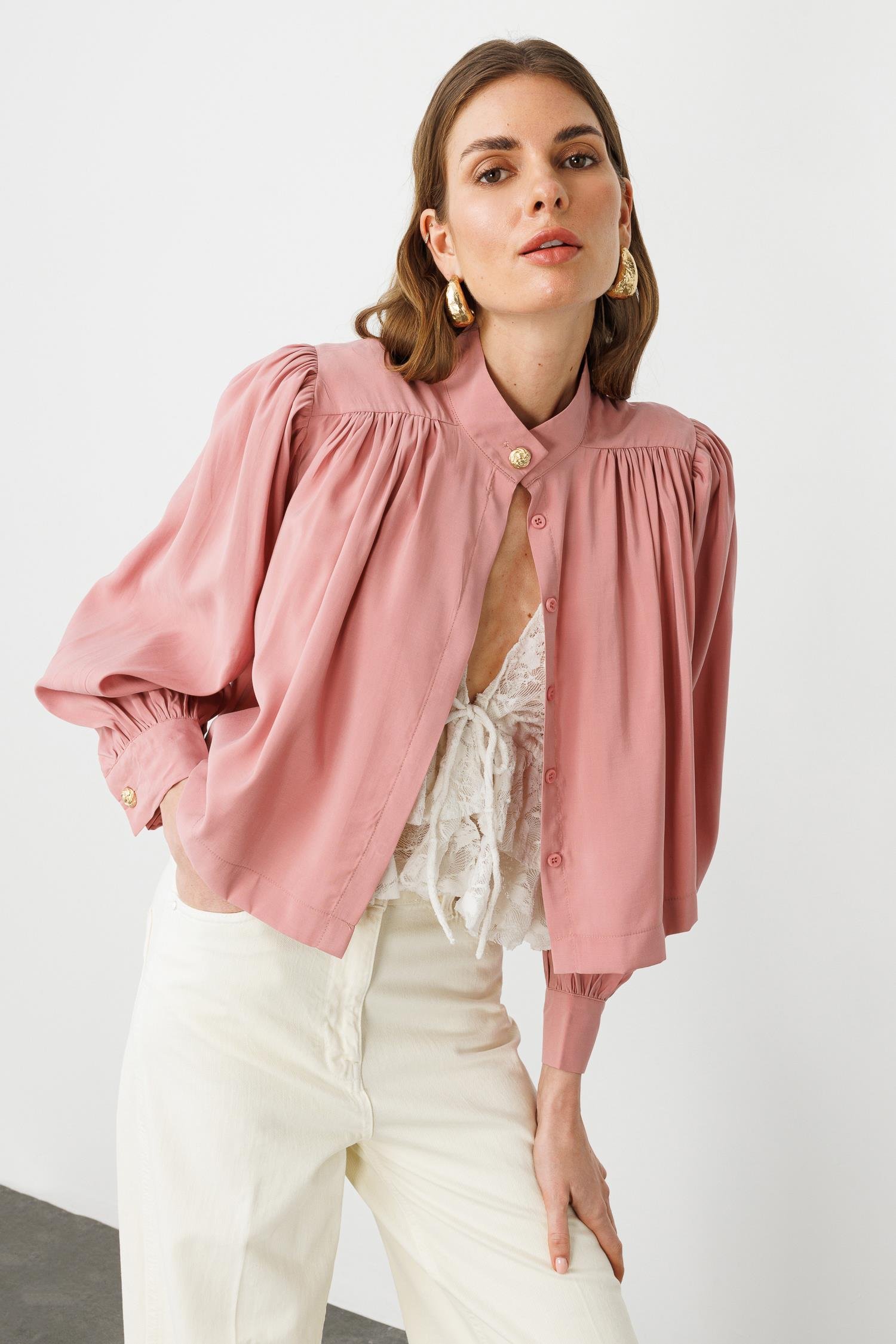 Gül Kurusu Dik Yaka Balon Kollu Crop Gömlek