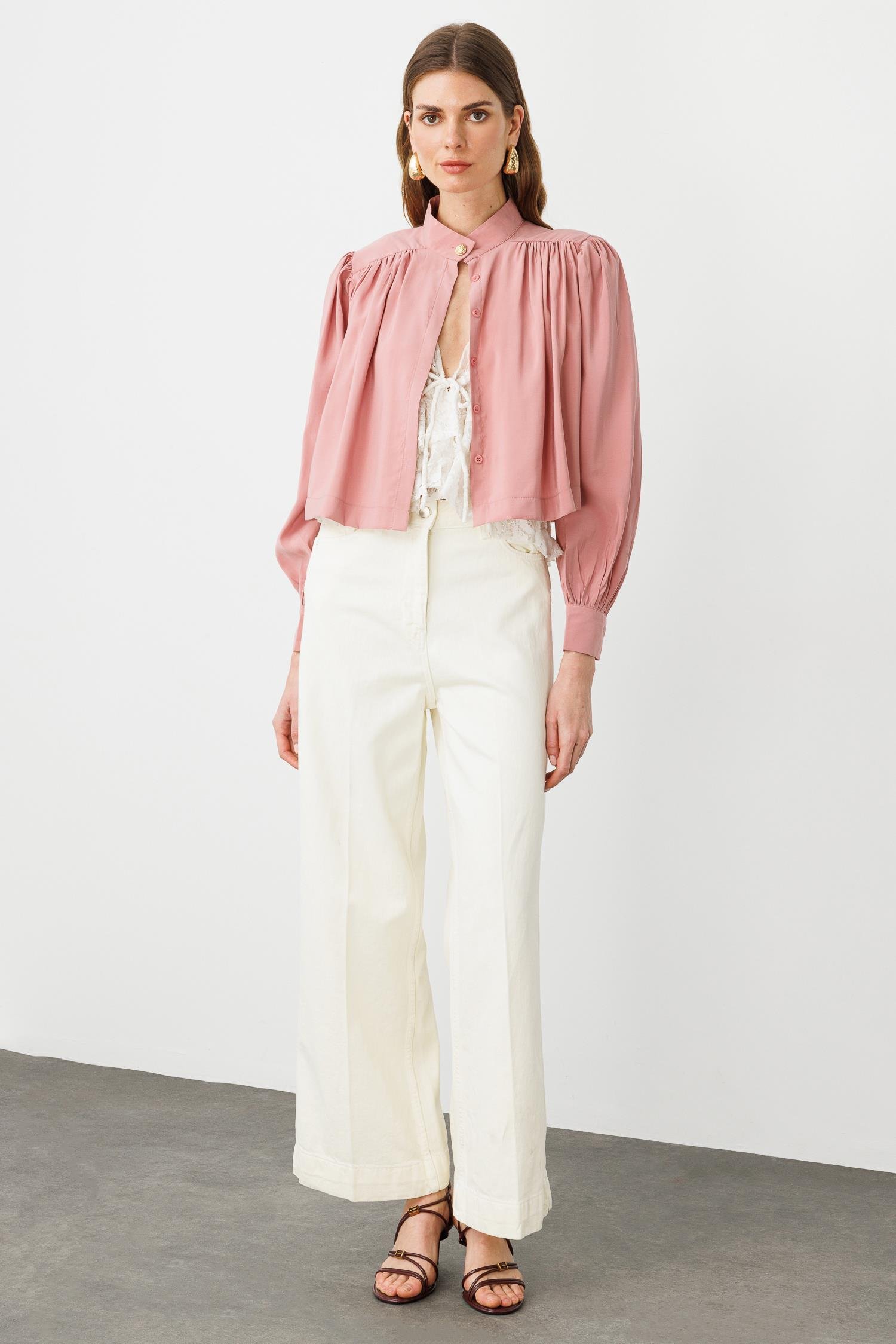 Gül Kurusu Dik Yaka Balon Kollu Crop Gömlek