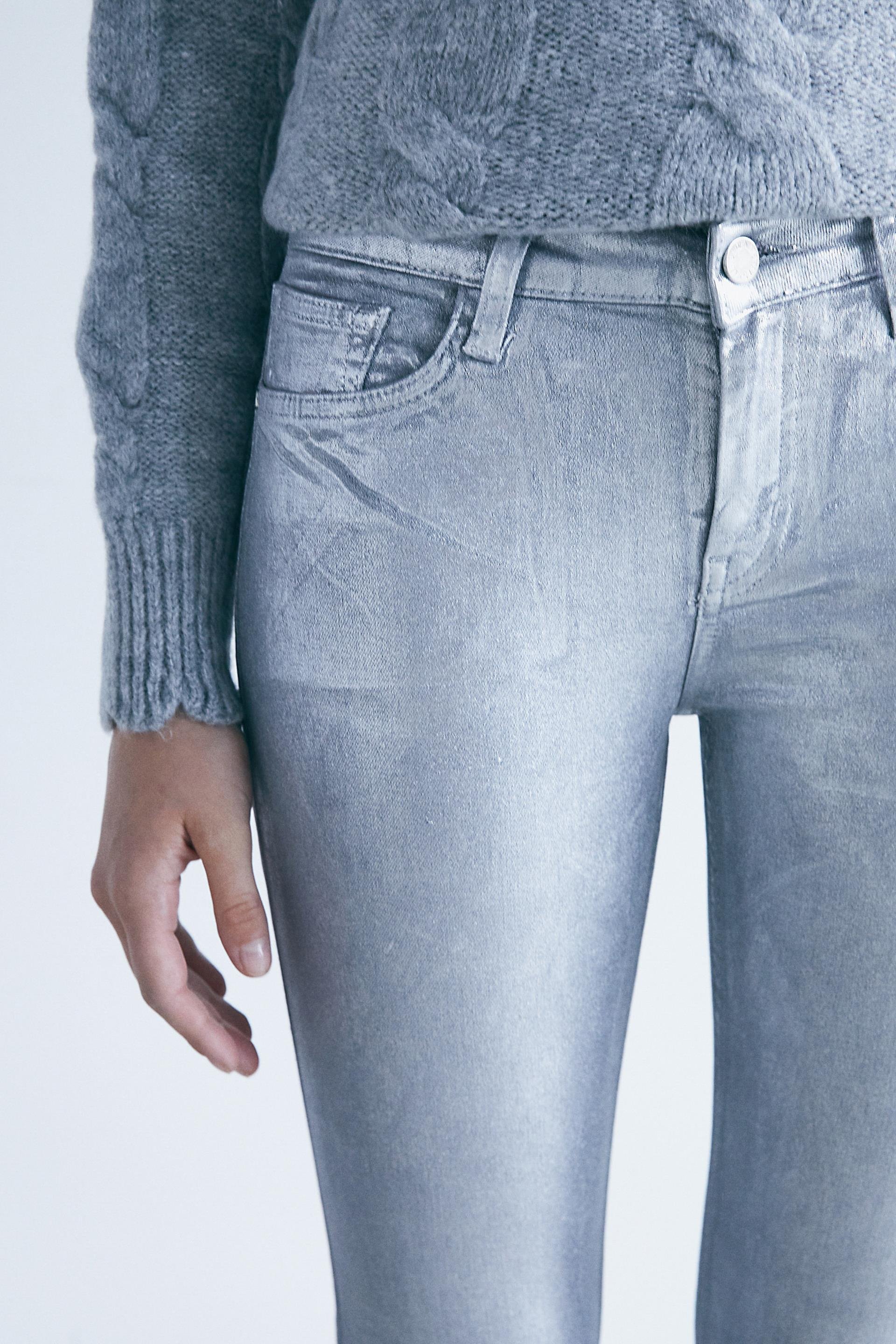 Gümüş Yüksek Bel Varak Sıvamalı Jean Pantolon