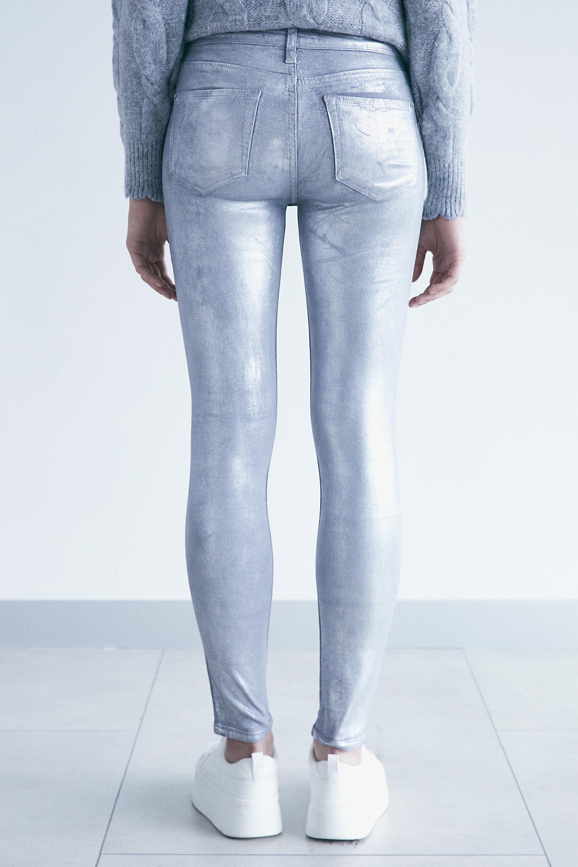 Gümüş Yüksek Bel Varak Sıvamalı Jean Pantolon