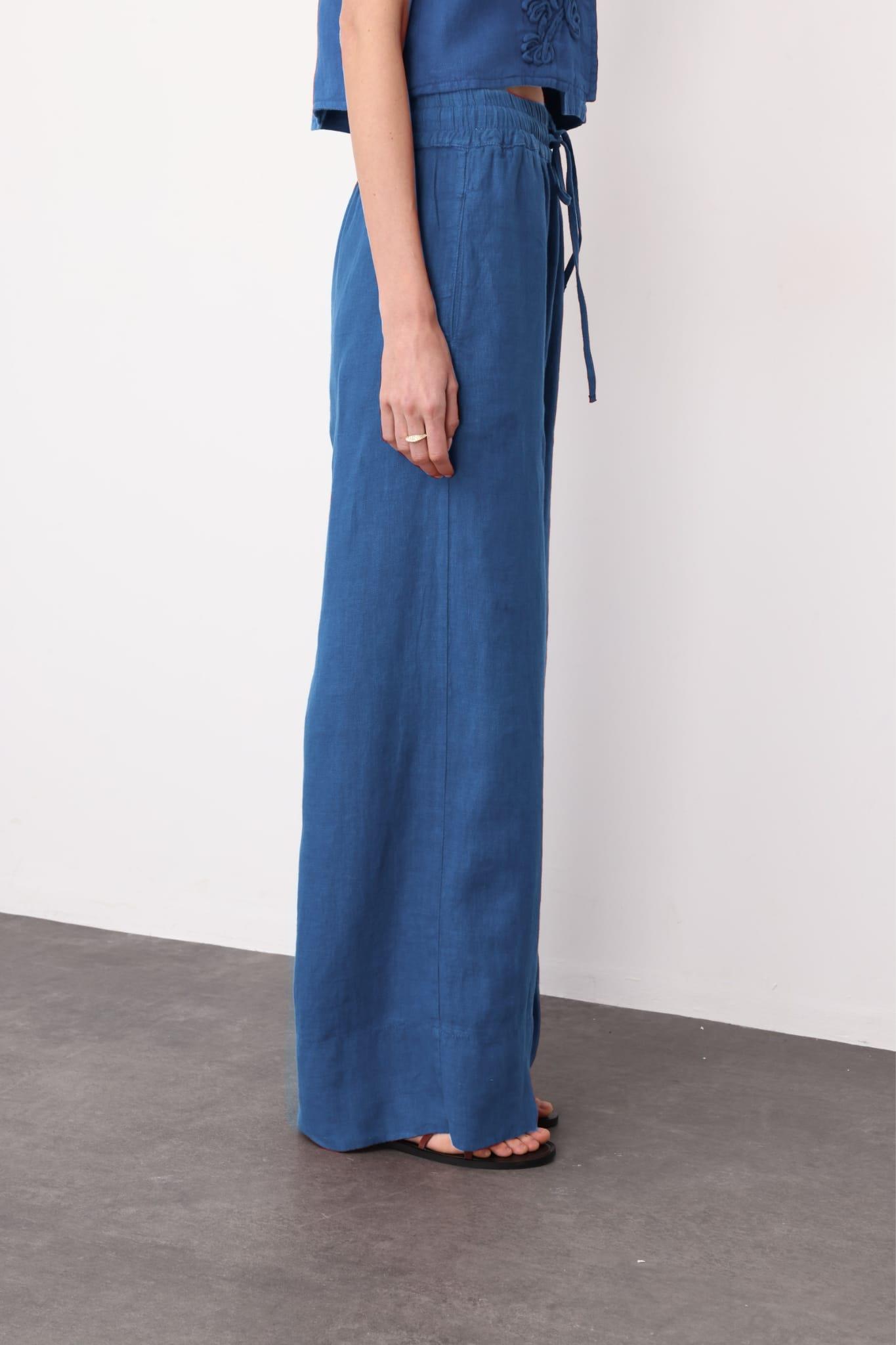 İndigo Bel Lastikli Salaş Kesim %100 Keten Wide Leg Pantolon