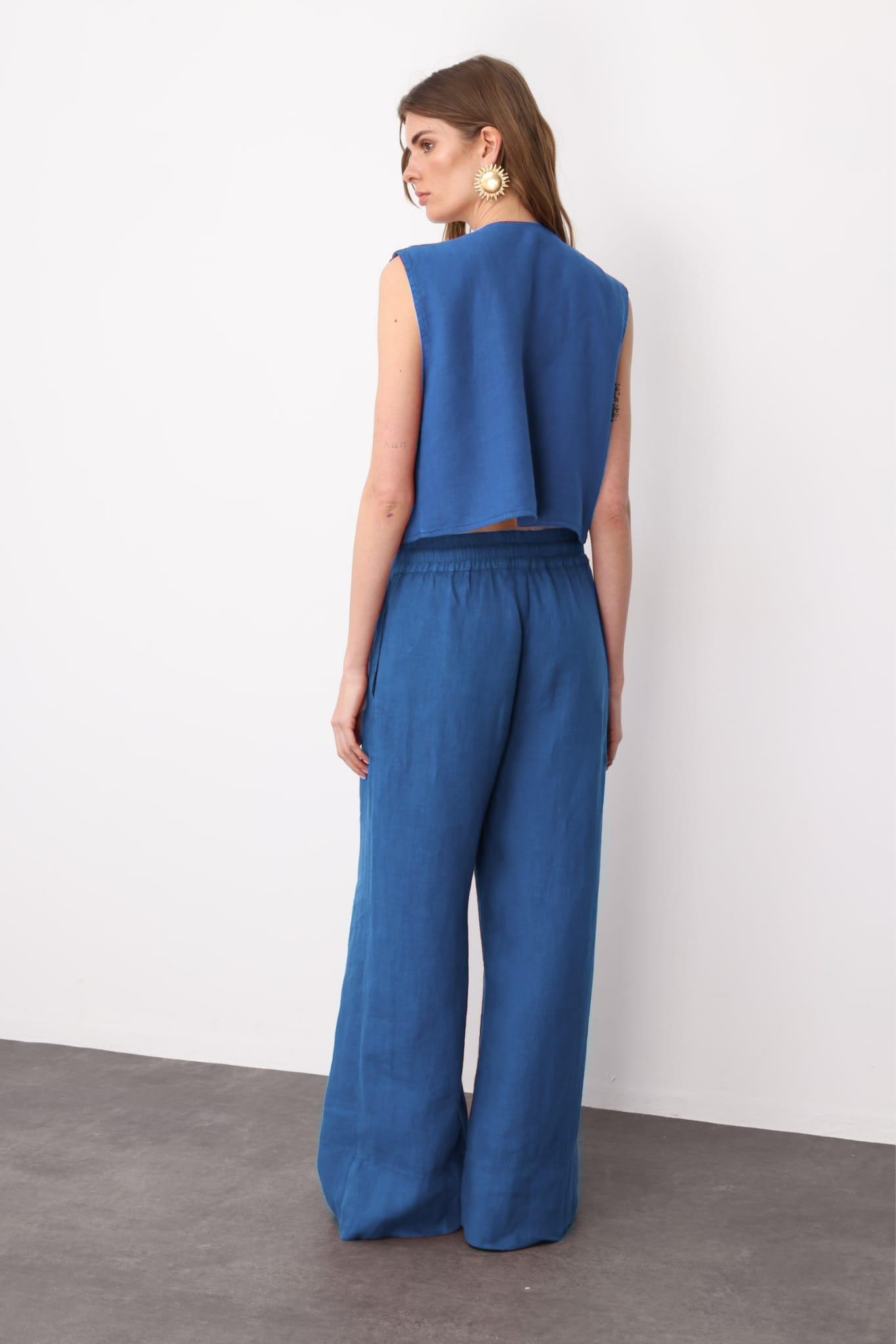 İndigo Bel Lastikli Salaş Kesim %100 Keten Wide Leg Pantolon