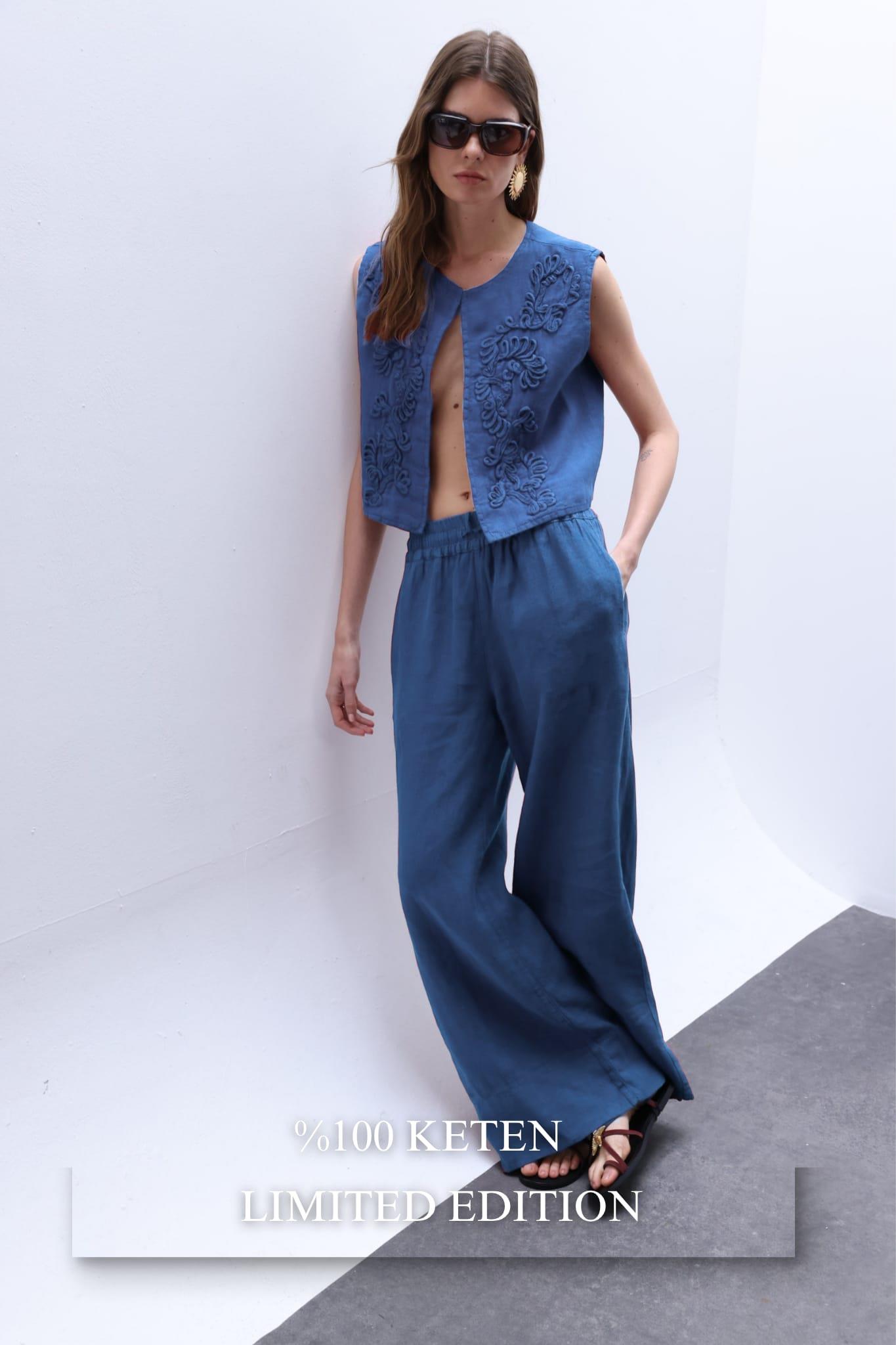 İndigo Bel Lastikli Salaş Kesim %100 Keten Wide Leg Pantolon