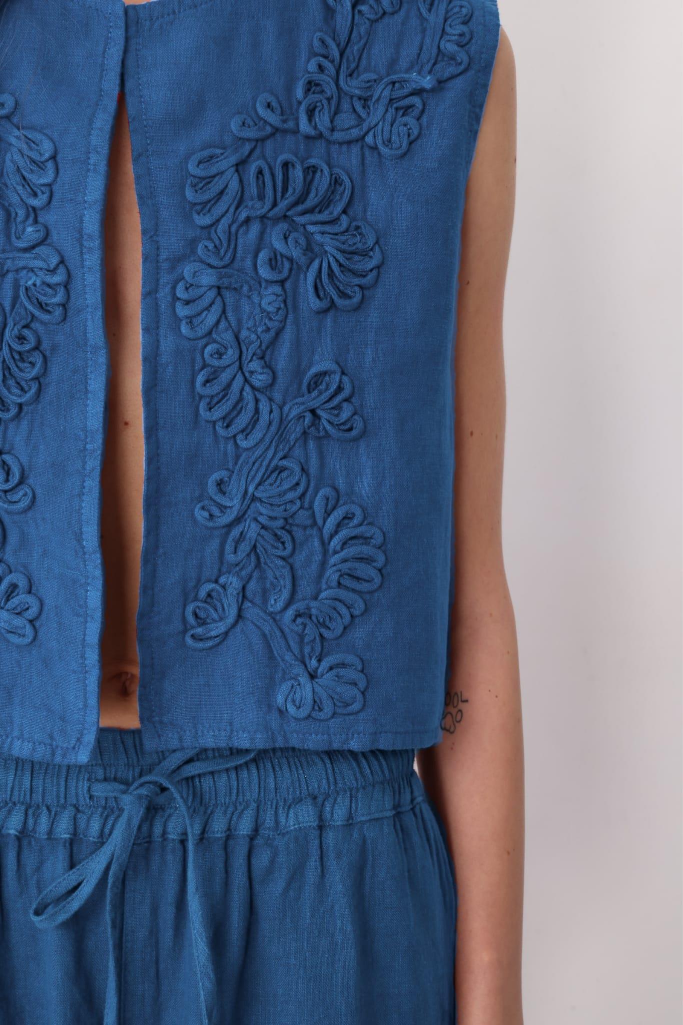 İndigo Nakışlı Keten Yelek