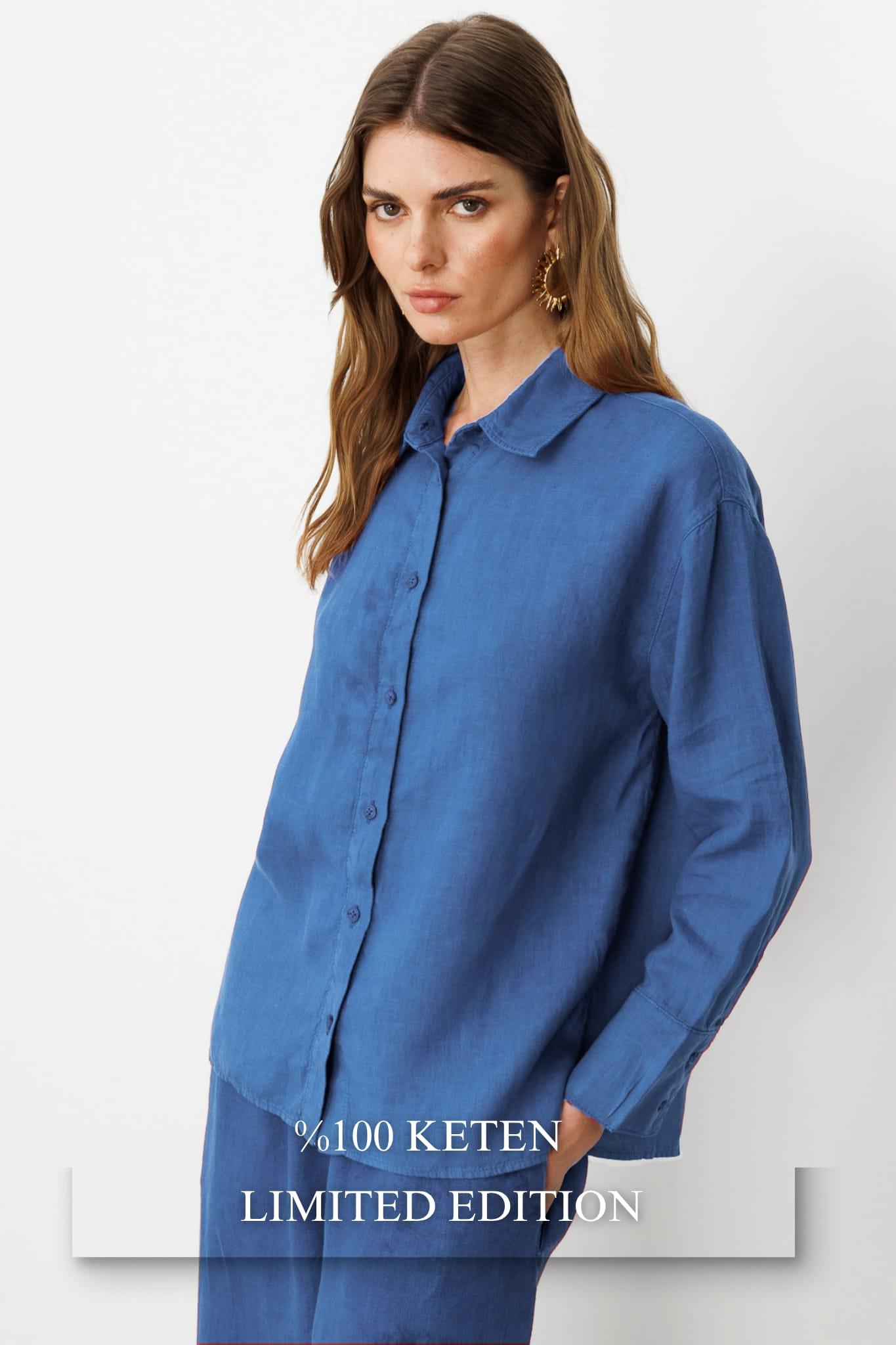 İndigo Önden Düğmeli %100 Keten Gömlek