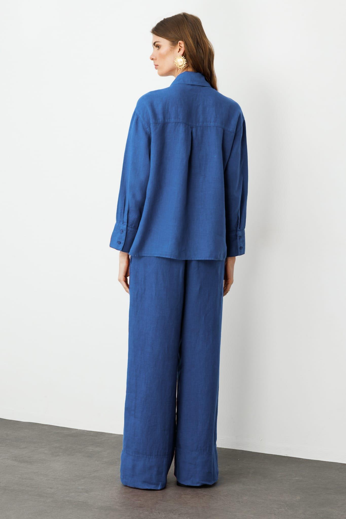 İndigo Önden Düğmeli %100 Keten Gömlek