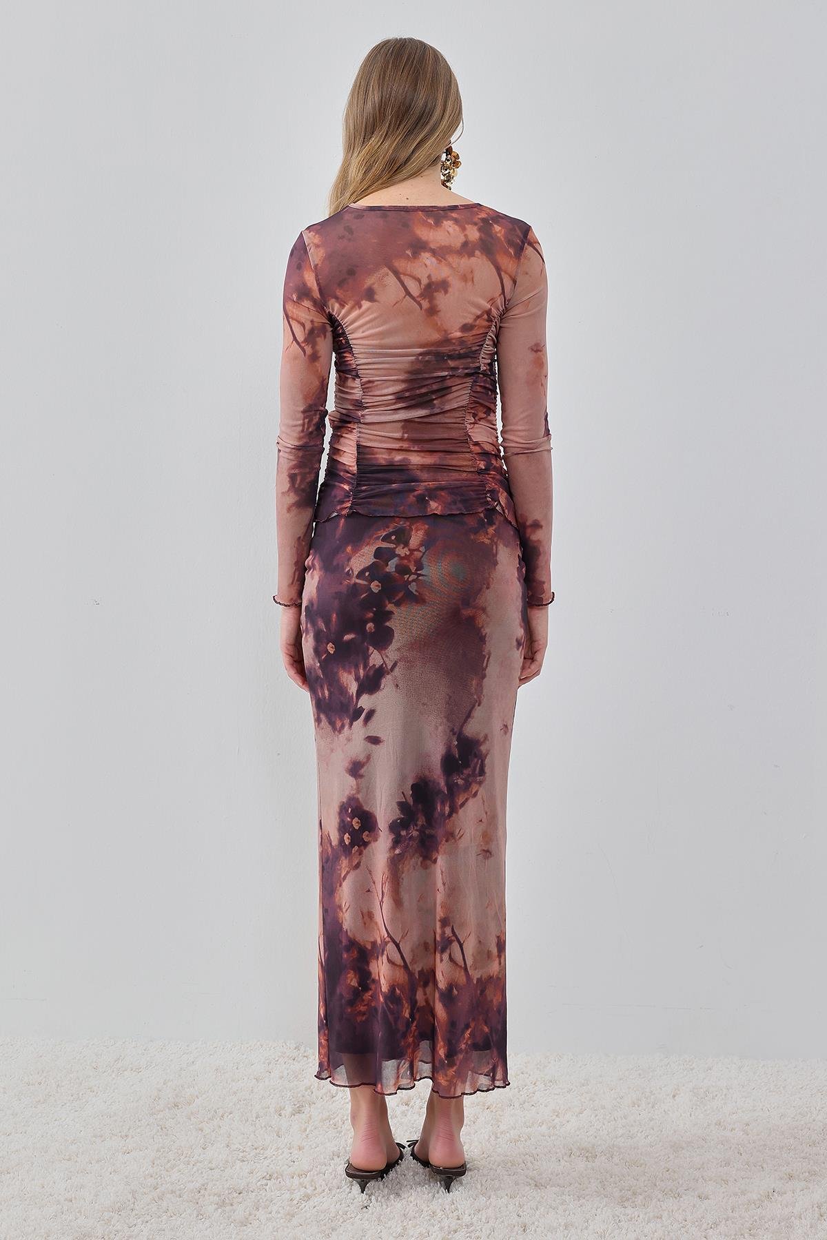 Kahverengi Çiçek Desenli Kahverengi Çiçek Desenli Midi Etek